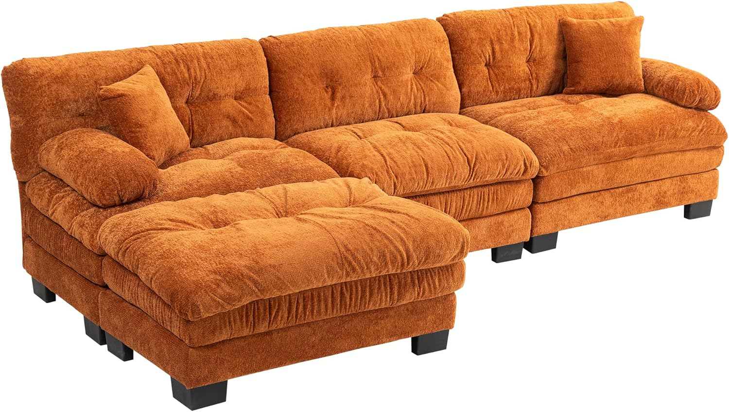 KEIKI L Shaped Modular Sectional Sofa, Reversible 3 Seater Couch with Ottoman, 3-Seater Sofa with 2 Pillows for Living Room Bedroom Office Hallway, Orange