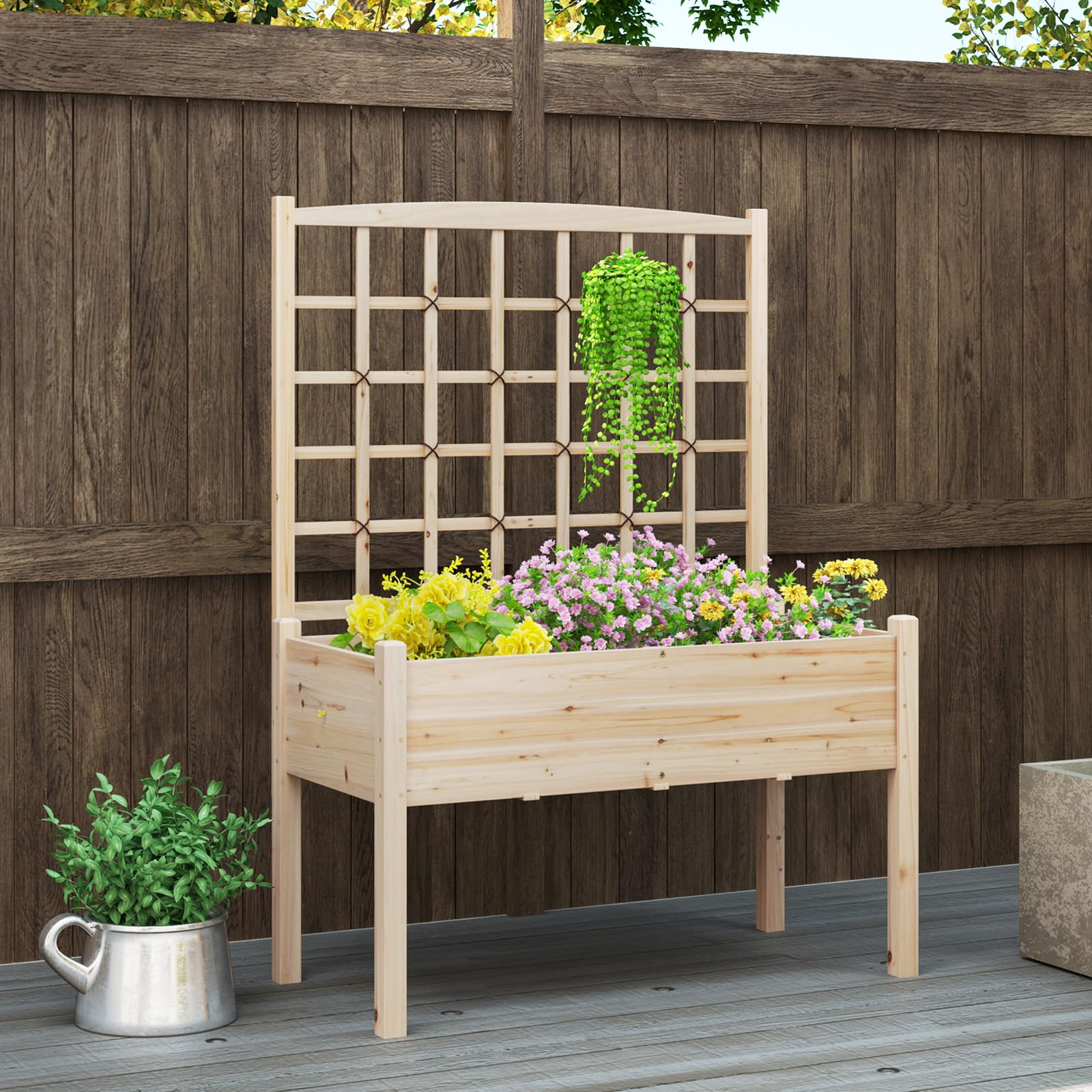 HOMASIS Blumenkasten mit Rankgitter, Pflanzkübel mit Spalier, Pflanzkasten aus Holz, Hochbeet Pflanzgefäß Rankkasten Gartenspalier Rankhilfe für Balkon, Garten, Terrasse, 119x60x160cm, Natur