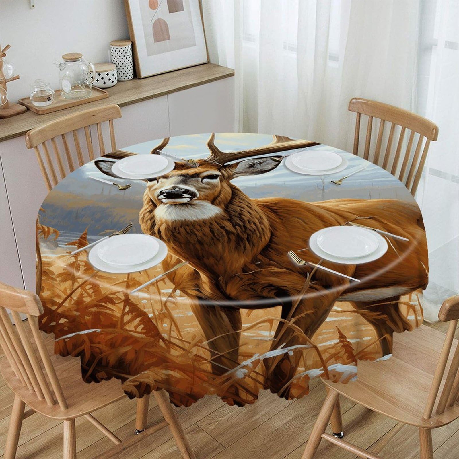 VstaDank Buck Deer Round Tablecloth Premium Polyester Table Cloth Heavy Duty Washable Fabric Tablecloth Waterproof Holiday Table Cover Decorative Tablecloths for Dining 60"