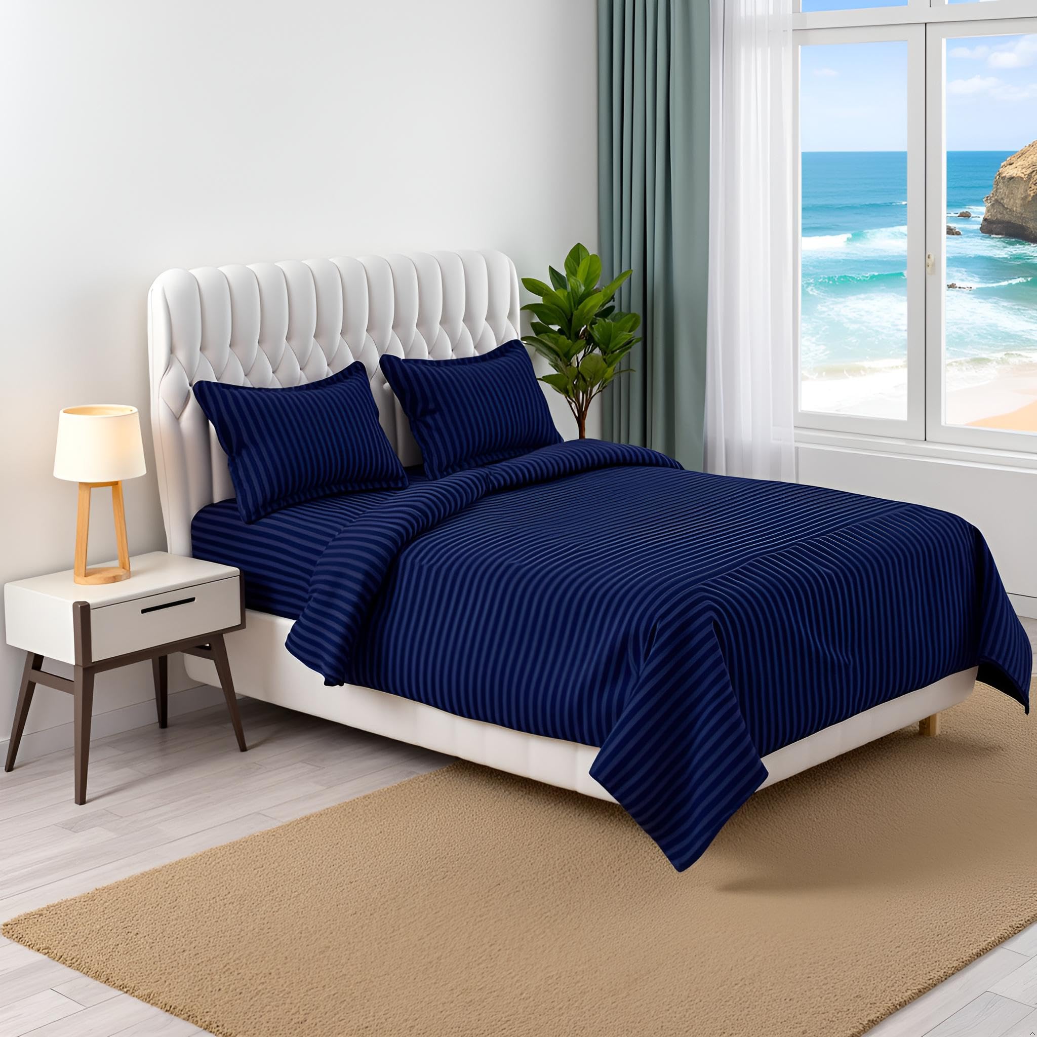 100% Navy Blue Cotton Stripe Bedsheet King Size – Premium Fabric – Soft & Breathable-image-34
