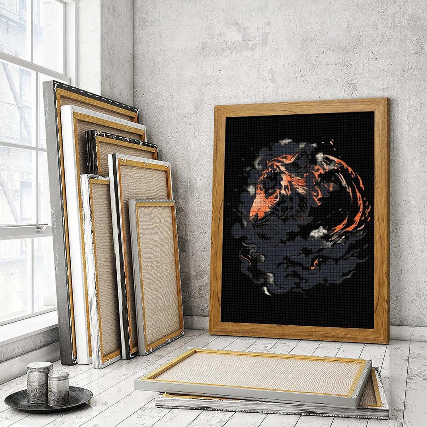 Japanese Tiger Clouds Diamond 5D Painting Kits with Frame DIY Full Round Drill Gem Art Crafts for Home Wall Decor 16 X 20in Yellow Wood 40 * 50cm