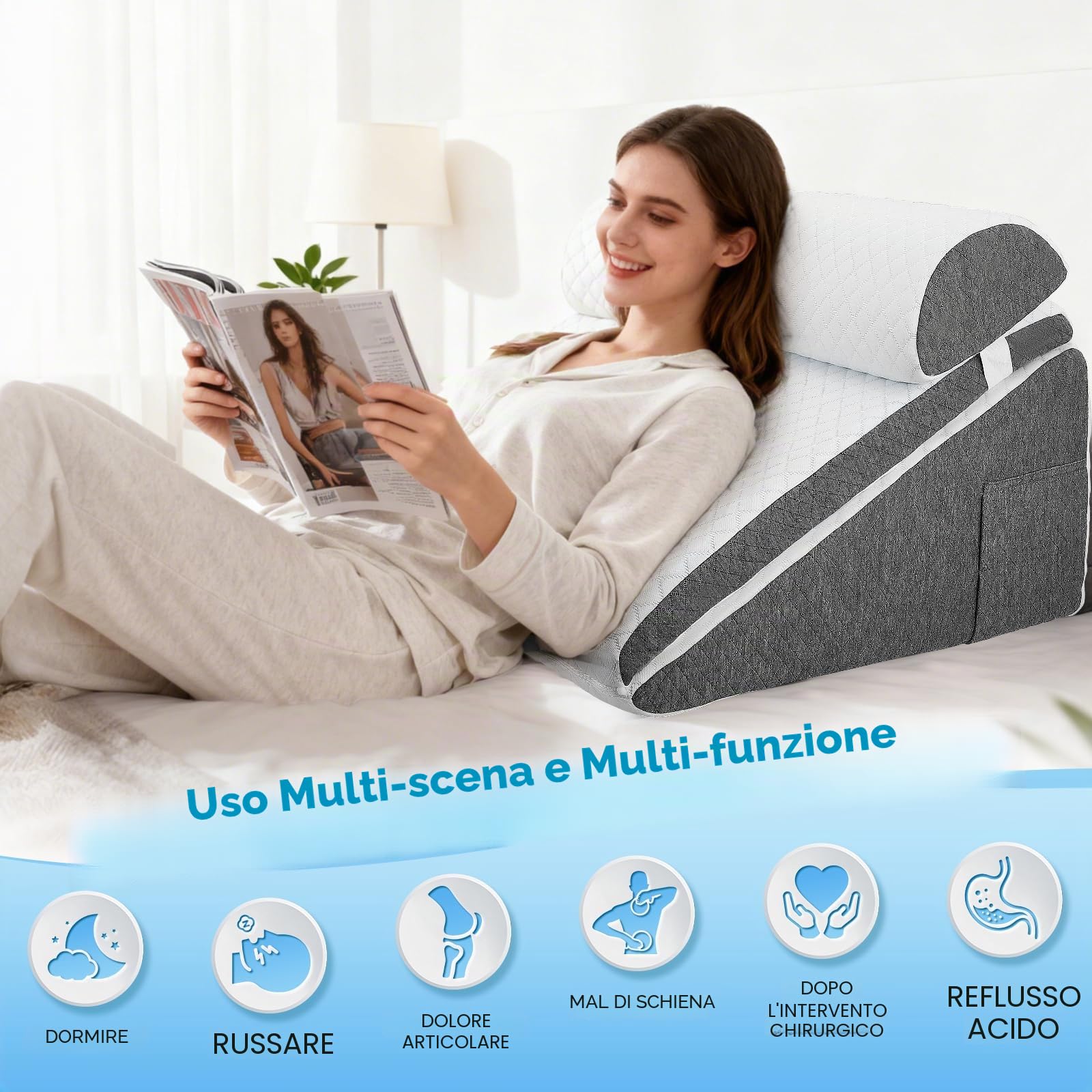 Cuscino a cuneo regolabile 3 in 1, per letto e divano, in schiuma ad alta densità, in memory foam, cuscino ortopedico, per apnea del sonno, per le gambe, per giocare, leggere o guardare la TV