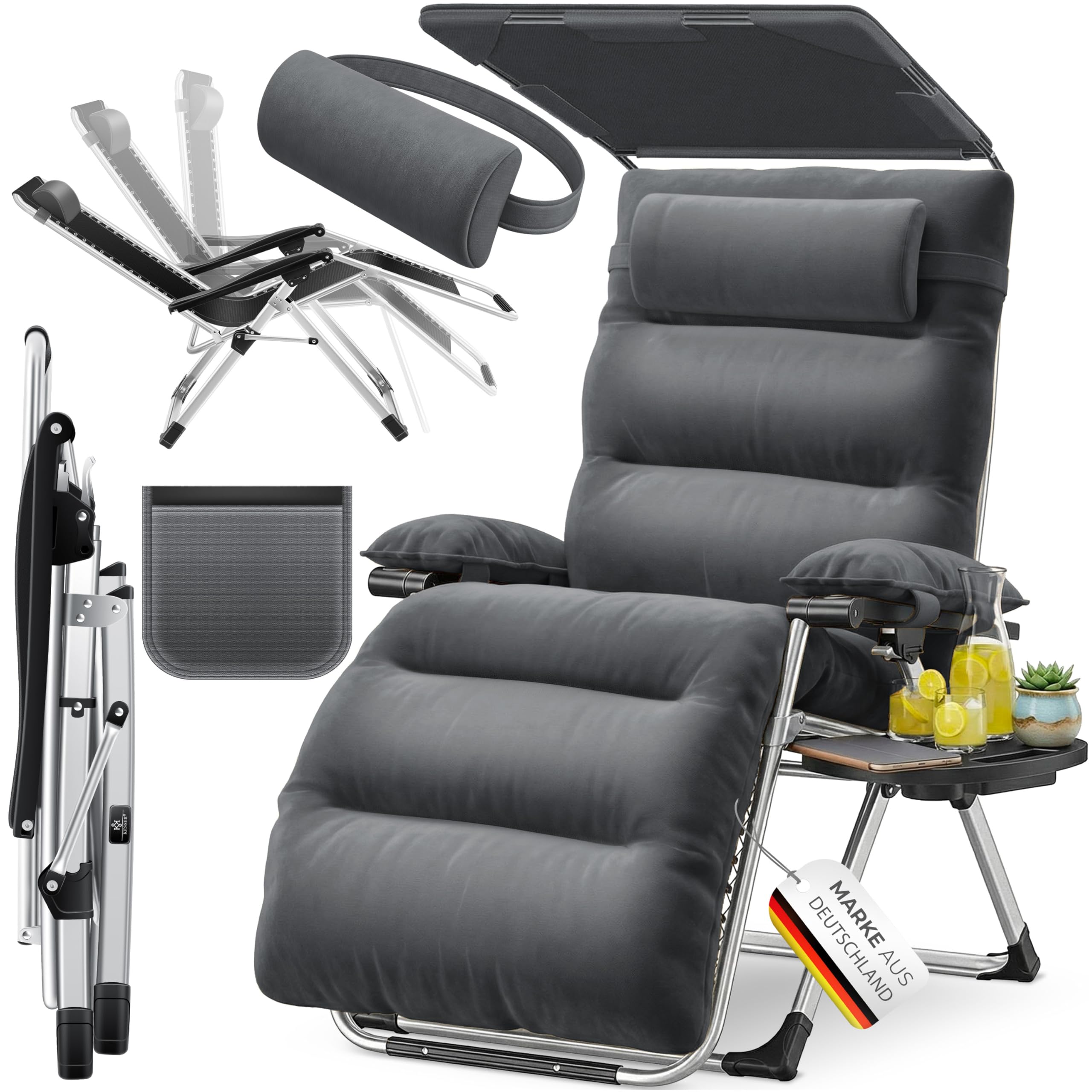 KESSER® Sonnenliege Liegestuhl,Gartenliege Wetterfest, Belastbar 200kg, Ergonomisches Polster verstellbare Rückenlehne inkl. Nackenkissen Getränkehalter Armpolster & Seitentasche mit Dach Anthrazit