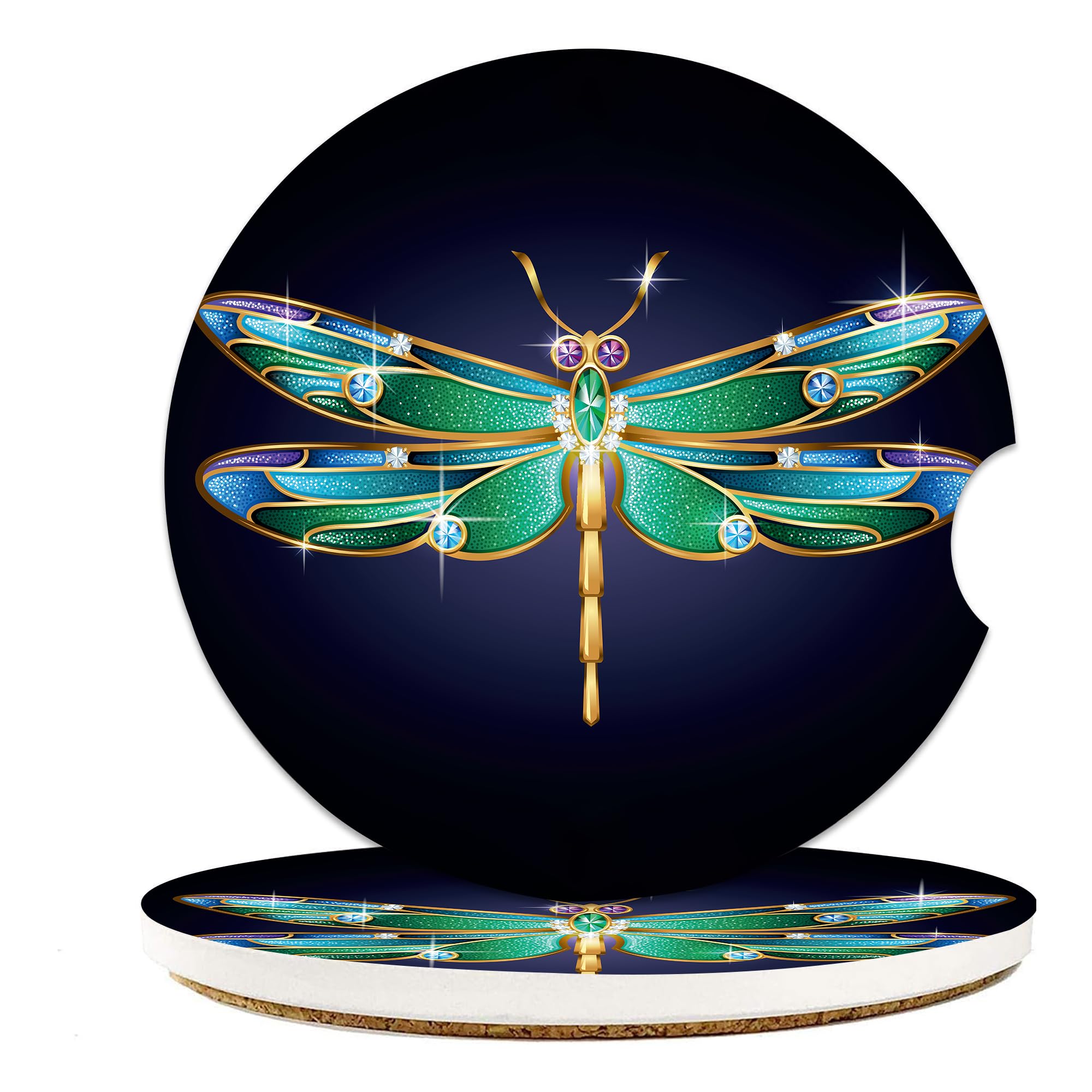 Jewel Dragonfly Car Coasters for Cup Holders - Absorbent Ceramic With Cork Back - Accessories Gifts for Men Women, 2PCS Universal Anti Slip Cup Mat for Most Car Interior