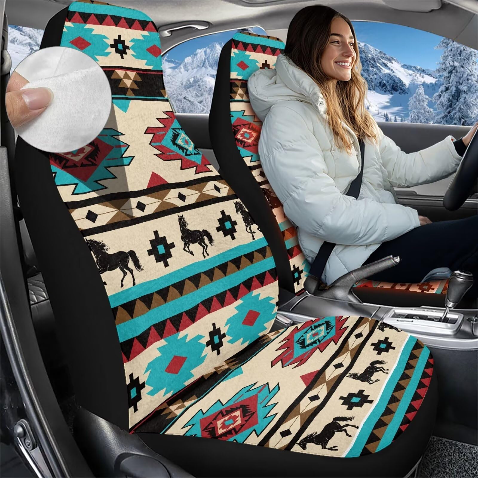 Pferde Autositzbedeckungen für Vordersitze Navajo Aztec Soft Automotive Sitzkissen Abdeckungen Flannel Auto Innenraum Zubehör Kompatibel mit SUV, Limousine