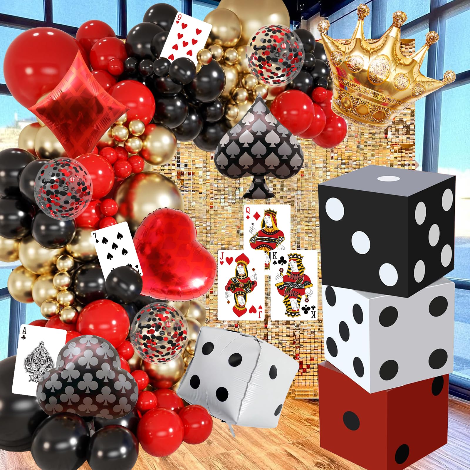 125 Pcs Casino Theme Balloon Arch Kit Casino Birthday Party Supplies Red Black Gold latex balloons Dice Crown Poker Foil Balloons for Poker Las Vegas