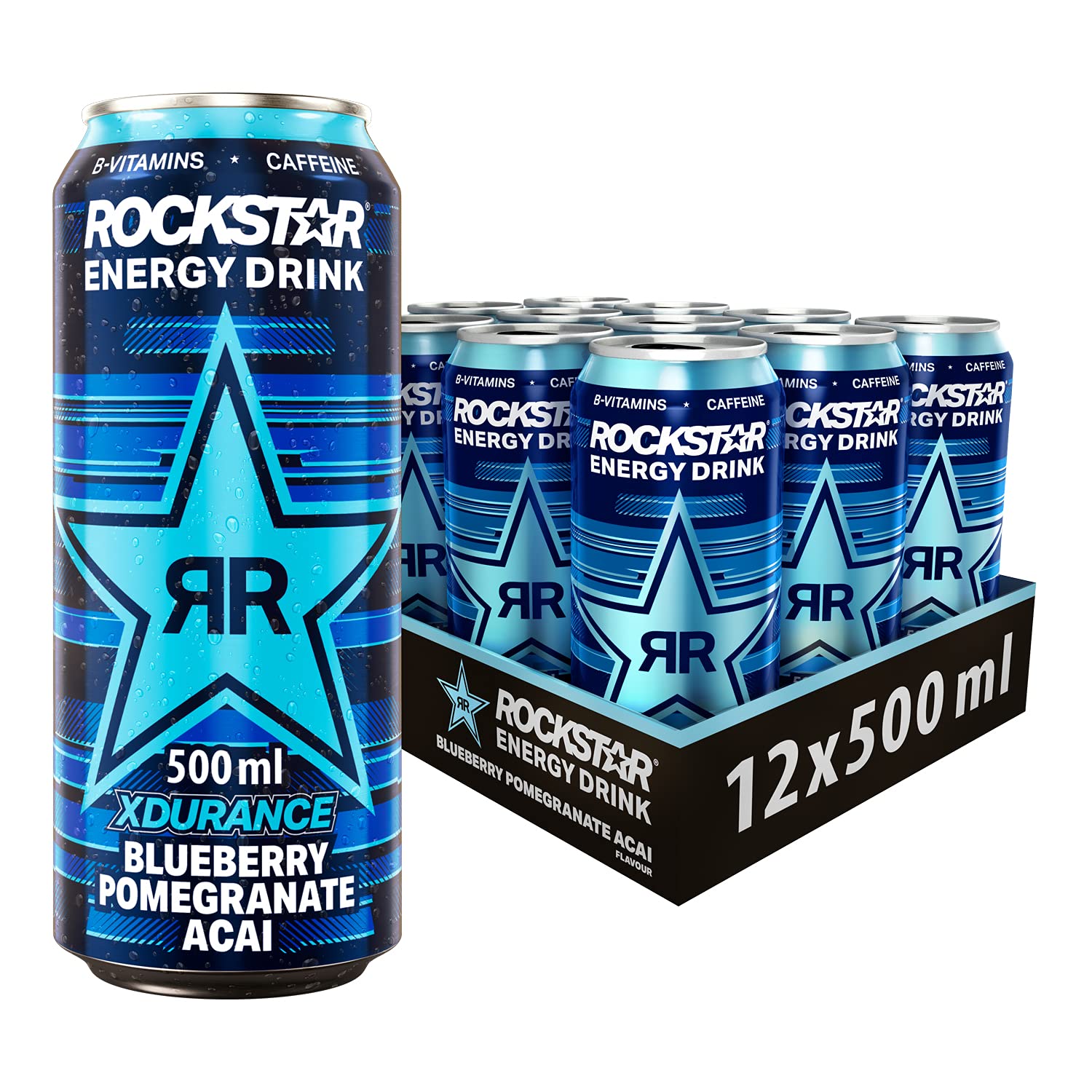 Rockstar XDurance Energy Drink, Blueberry Pomegranate and Acai, Non-Alcoholic, 200 mg Caffeine, Caffeinated Drink with Taurine, Guarana, Ginseng, and Vitamins, 12 x 500 ml cans