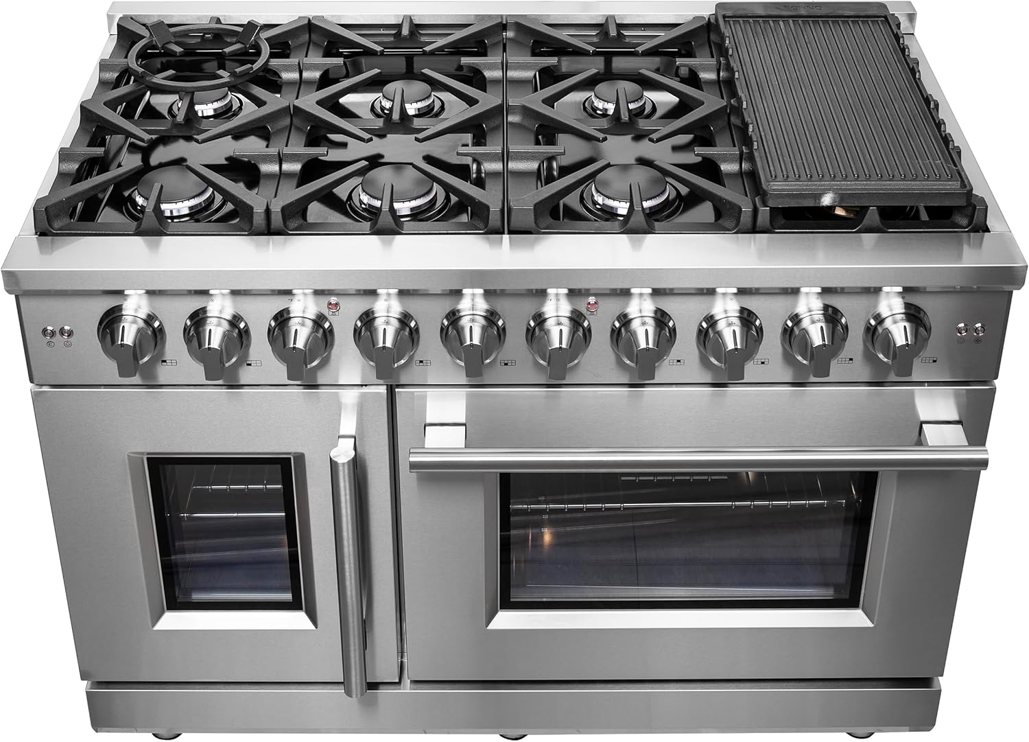 Forno 48-inch French Door Gas Range with 1 Sealed Dual-Ring Brass Burner 20K BTU - 4.32 Cu.Ft Convection Fan Oven 30,000 BTU - Modern Design Kitchen Range with Air Fryer Basket, Rack & Drip Pan
