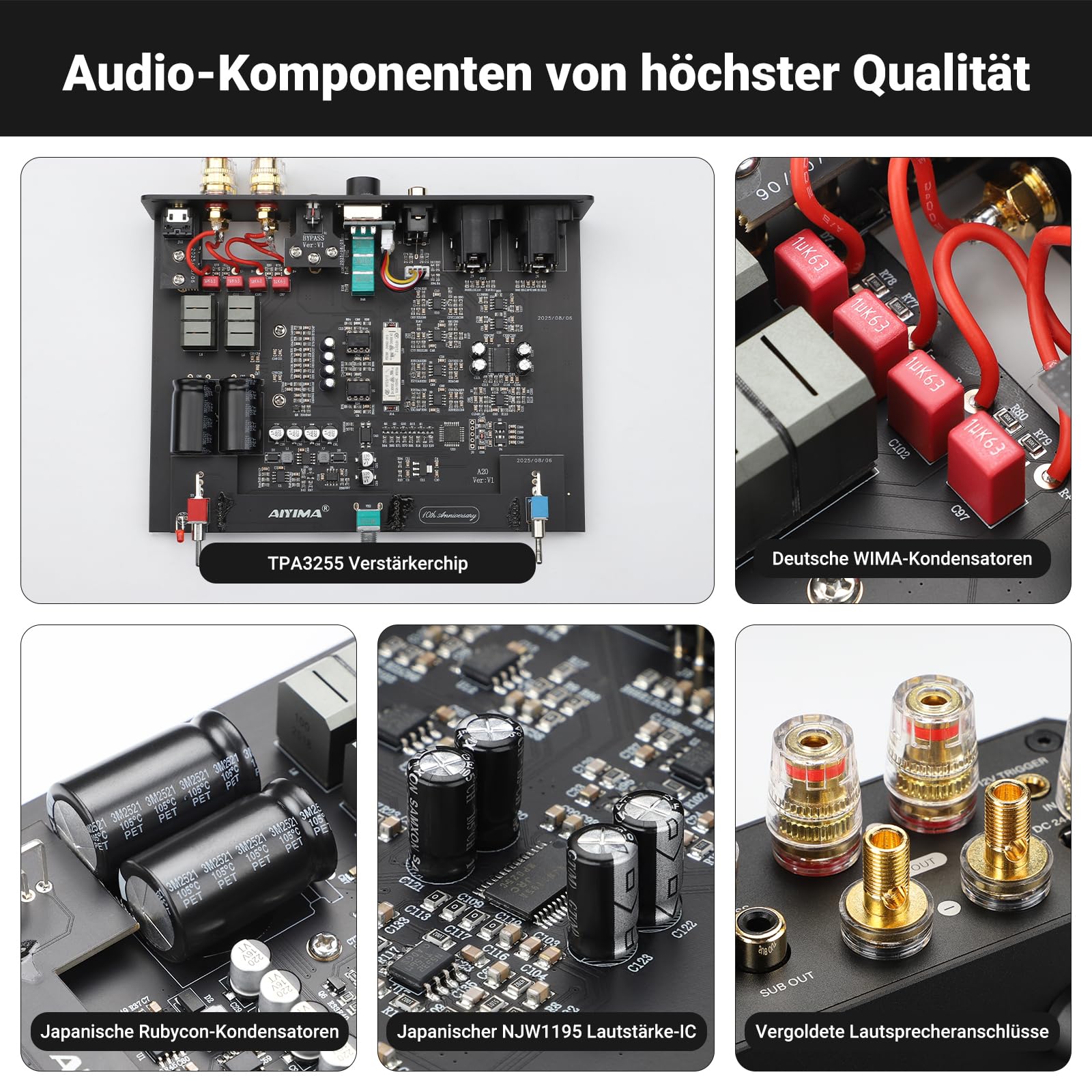 AIYIMA A20 Symmetrischer Stereoverstärker mit HPF-Einstellung Home HiFi 2.0/2.1 TPA3255 Desktop-Verstärker der Klasse D PFFB mit Cinch-/XLR-Eingang und 12-V-Trigger-Eingang für Passive Lautsprecher