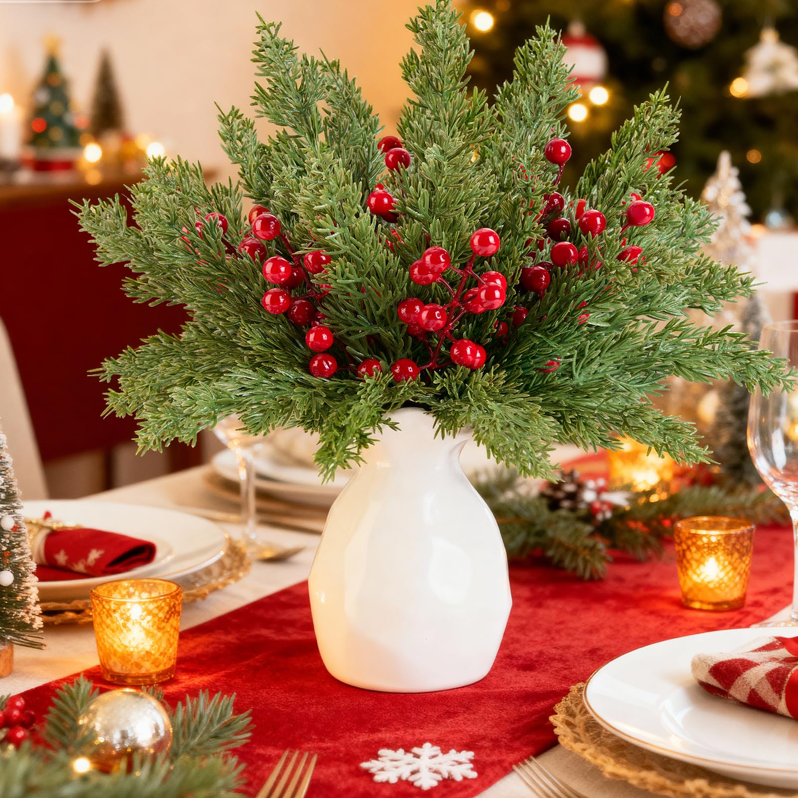 Künstliche Tannenzweige mit roten Stechpalmenbeerenstielen, künstliche immergrüne Tannenblätter, künstliche Blätter, Tannennadeln, Picks für Weihnachten, DIY, Handwerk, Girlande, Heimdekoration