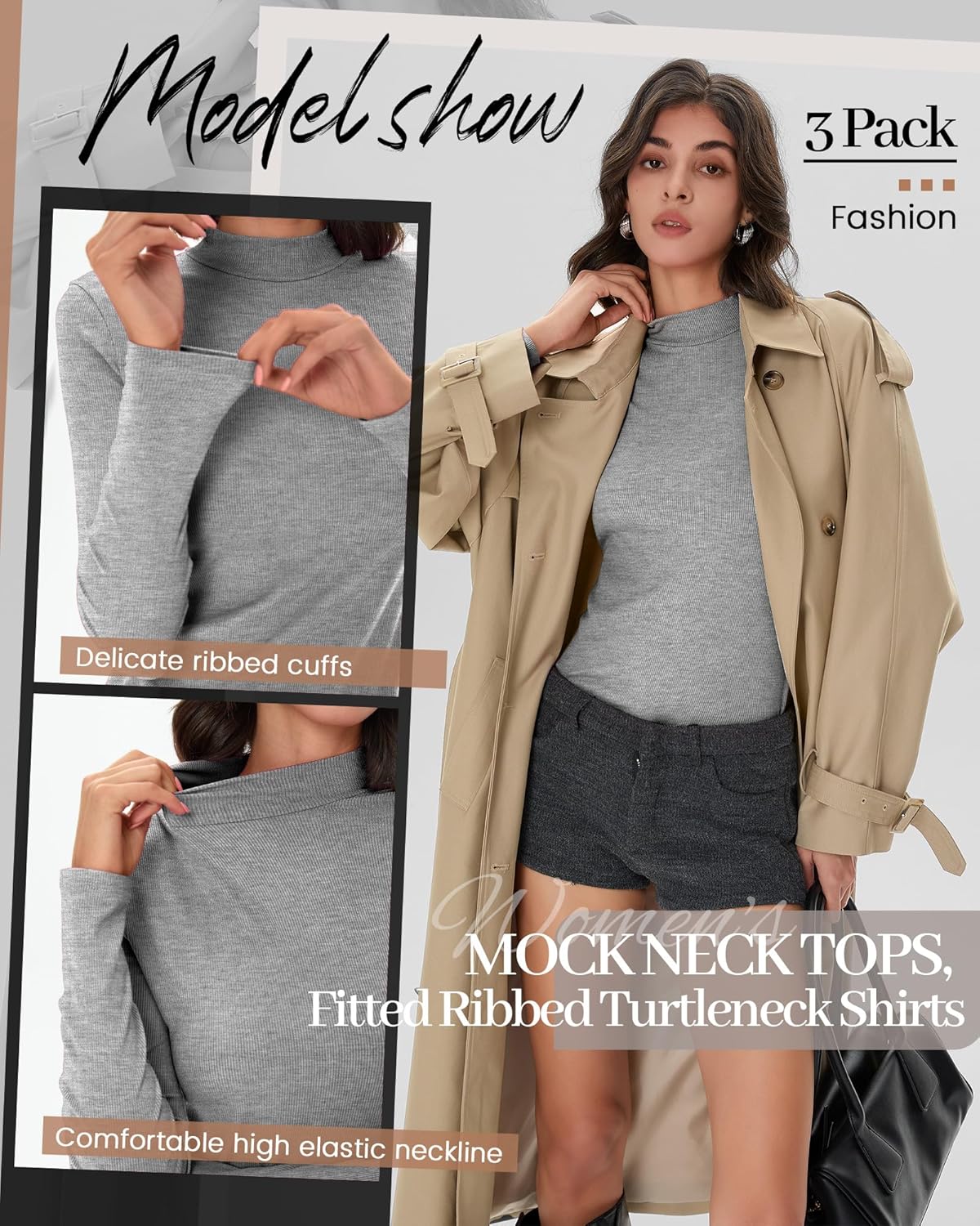 3 Pack Women's Mock Turtleneck Tops Ribbed Long Sleeve Shirts Mock Neck Slim Fit Undershirt Casual Basic Layering Tee - Image 6