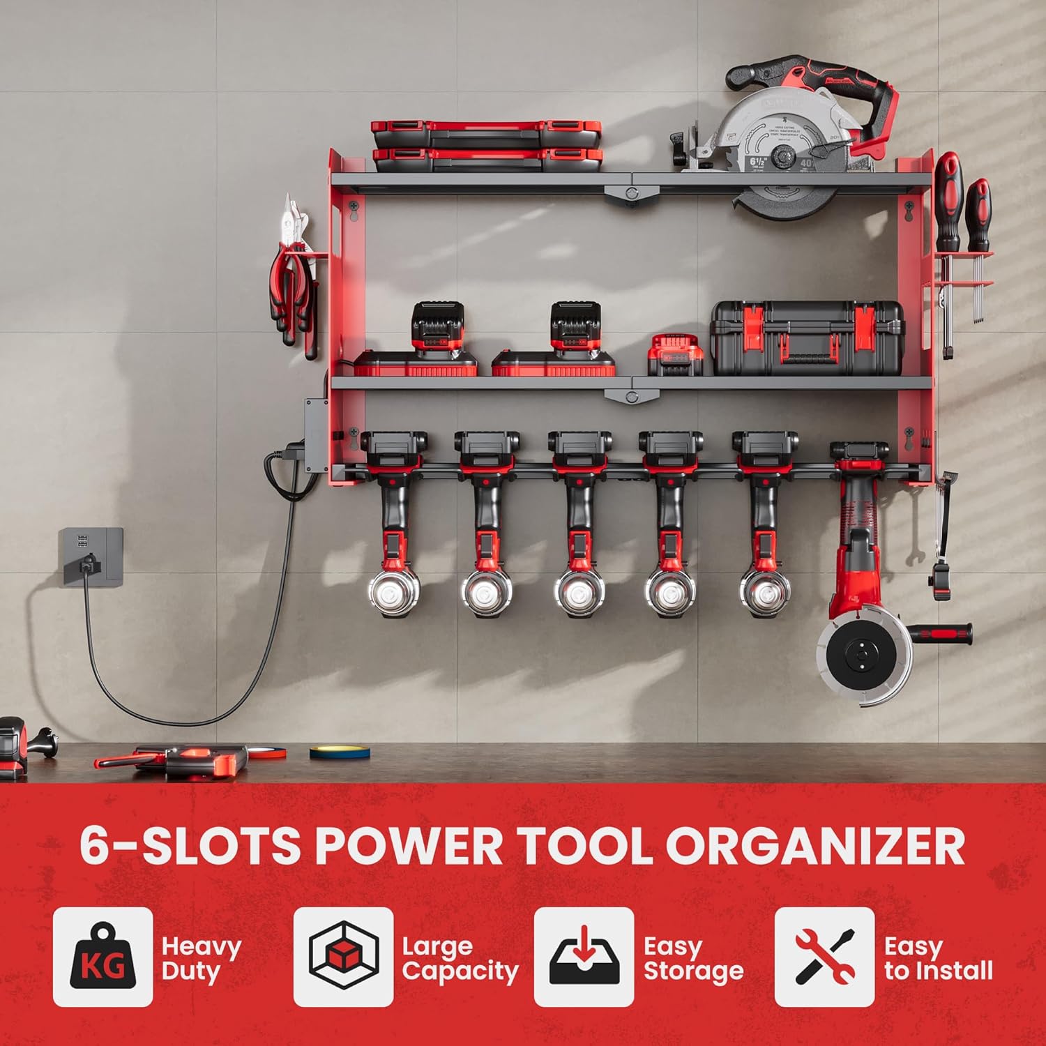 Power Tool Organizer Wall Mount with Charging Station, Heavy Duty Metal Tool Storage with 5 Outlets, Cordless Drill and Battery Holder for Garage and Workshop Organization, Red