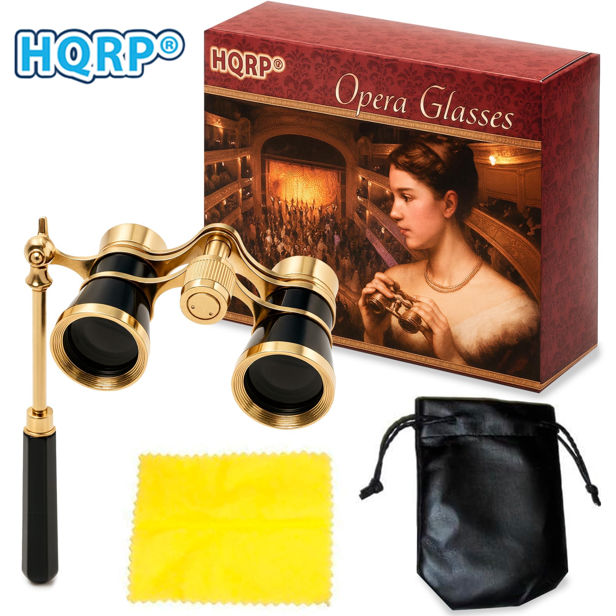 HQRP Binocolo da teatro 3 x 25, nero con finiture dorate, con maniglia estensibile integrata, ottiche cristalline (CCO), per adulti, bambini e donne, ideale per concerti e spettacoli musicali