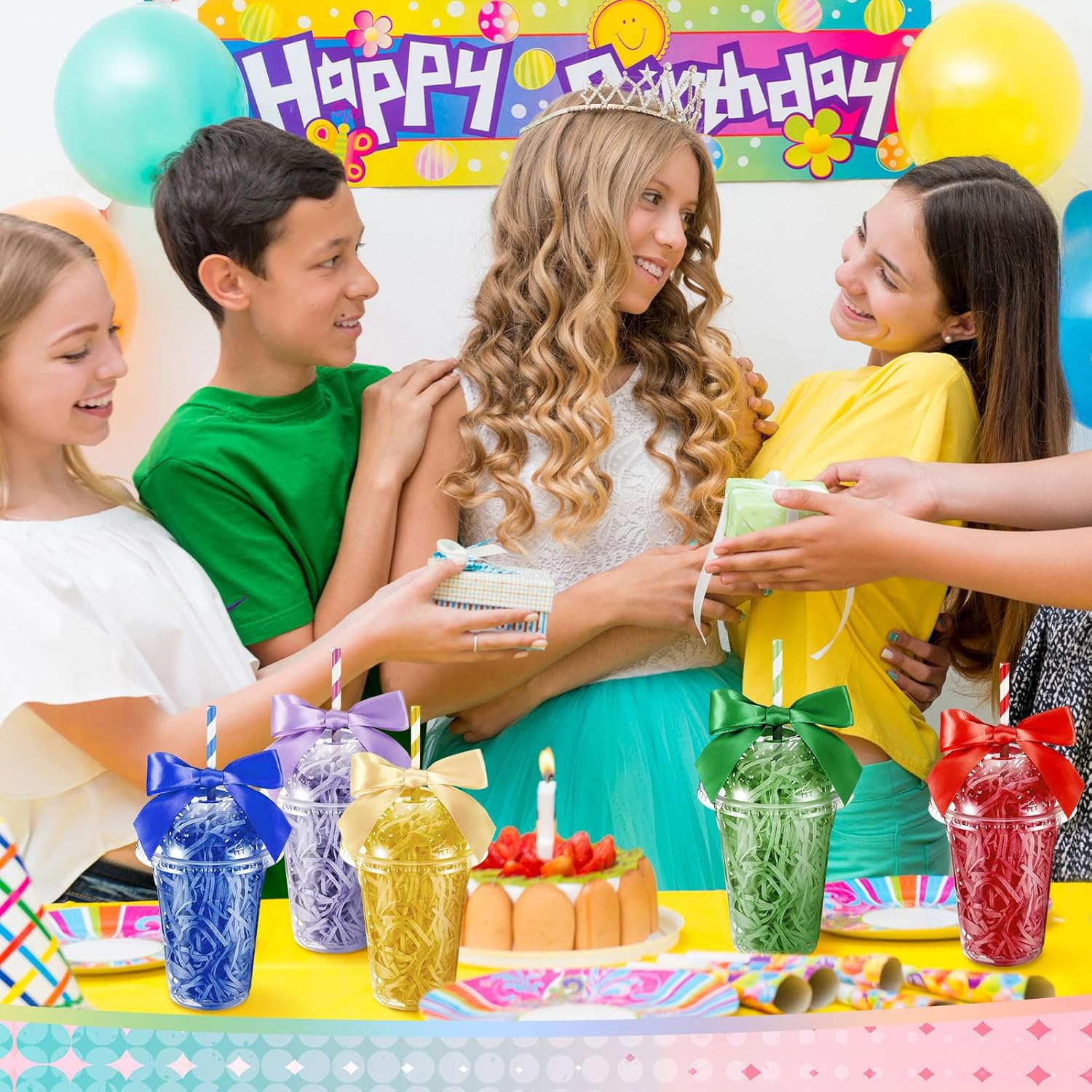Patelai 30 Set Classroom Birthday Gifts Include Rainbow Plastic Cups with Dome Lids Colorful Straws Decorative Bows and Raffia Birthday Cups for Students Reward Prize Classroom Party Supplies - Image 6