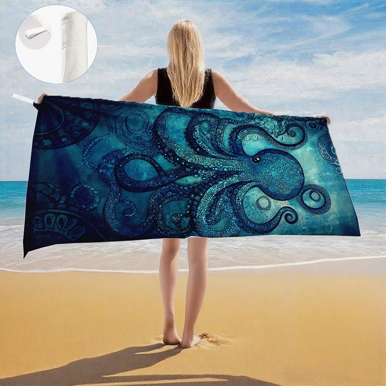 Mikrofaser Strandtuch 180x100 cm, Strandtuch Oktopus Sandfrei, Schnelltrocknendes und Strand Sonnenschutz Funktion Mikrofaser Handtuch groß für Badezimmer Strand Schwimmen Camping Strand Zubehör Q-309