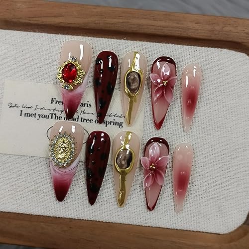 TENPAL Handmade Press on Nails Long Stiletto - Burgundy Cat