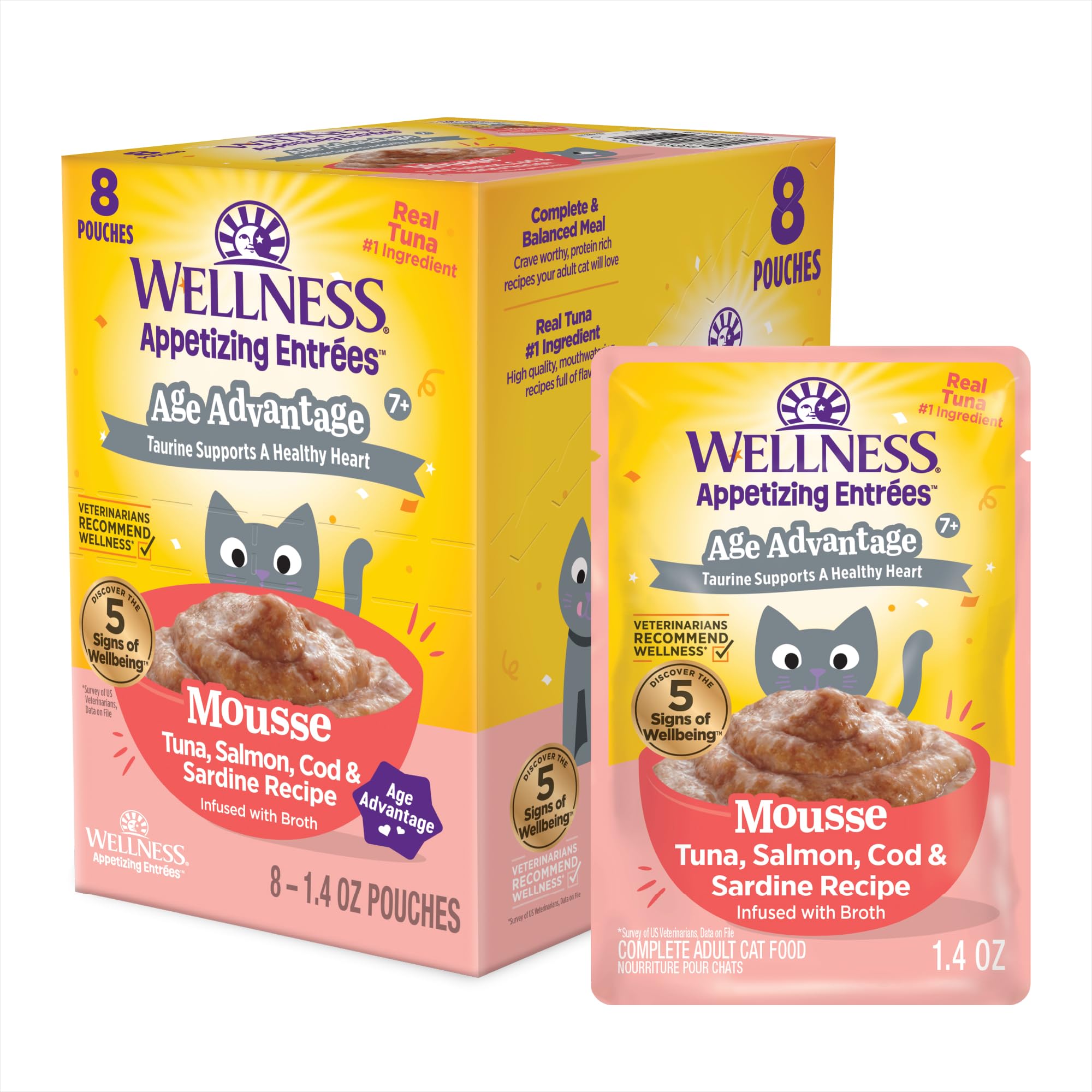 Wellness Appetizing Entrées Age Advantage Mousse Senior Wet Cat Food, Natural, Protein Rich, Grain Free, Tuna, Salmon, Cod, and Sardine Recipe, 1.4 oz, Pack of 8 Pouches