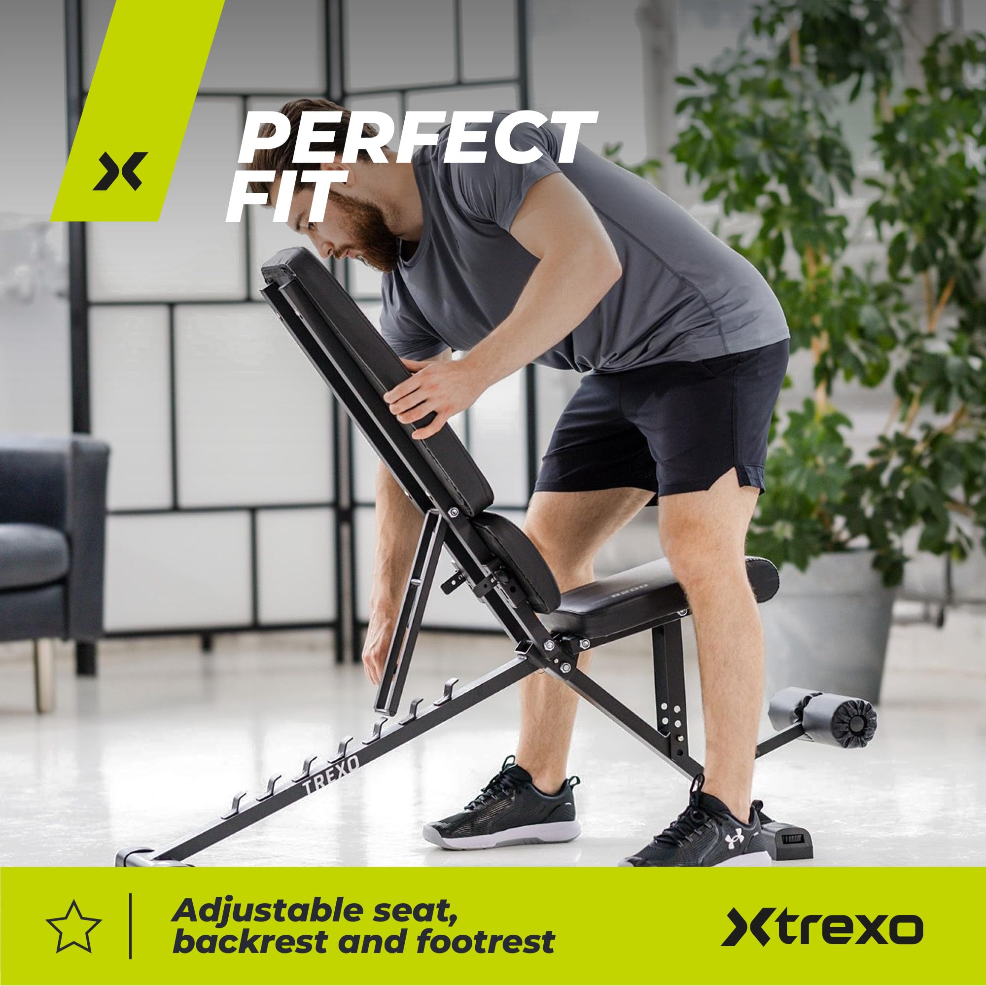 TREXO Panca regolabile | Panca multifunzione regolabile per allenamento a tutto il corpo, panca inclinata per casa fino a 150/300 kg | Struttura in acciaio | Allenamento di forza, Fitness | Nero
