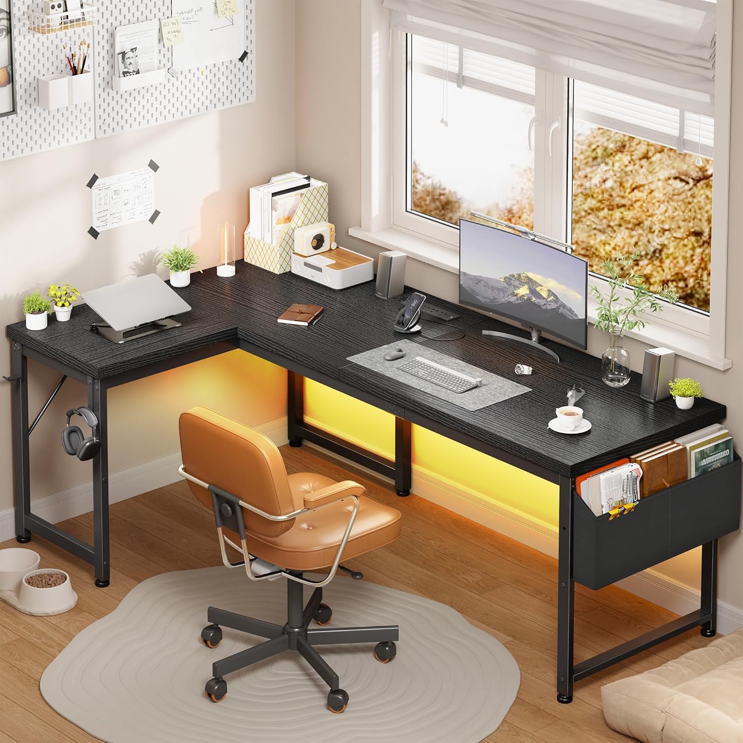 DurayLoly 63" Larger L Shaped Desk for 2 Monitors or 2 Laptops, Reversible Computer Desk with Power Outlets and USB-C Port, Gaming Desk with LED, 0.95" Thicker Office Corner desk for Study, Work Black