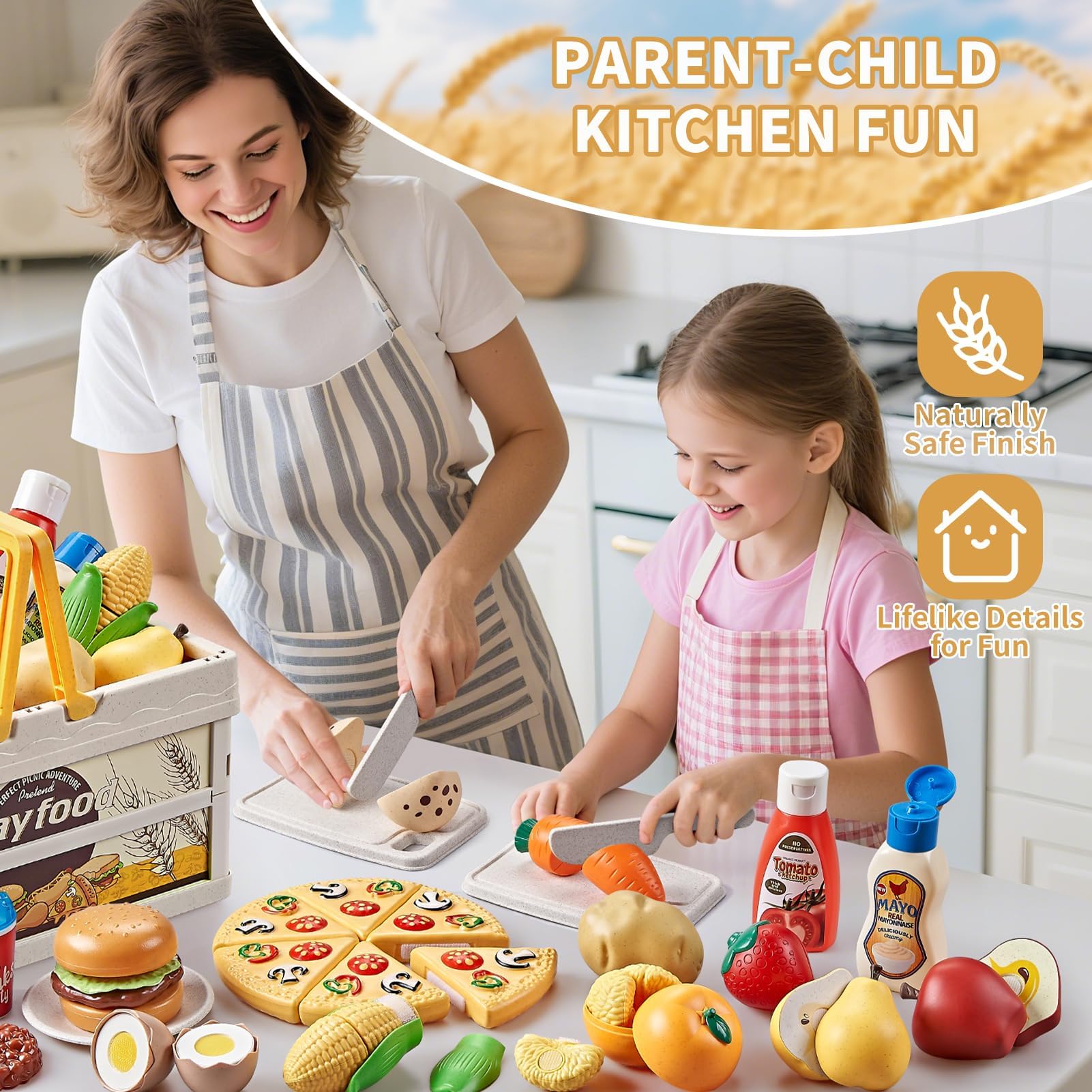 83tlg Spiellebensmittel Set Weizenstroh – Kinderküche Zubehör mit Picknickkorb & Decke – Nachhaltiges Spielzeug Essen zum Schneiden mit Klett, Pizza & Obst – Geschenk für Kinder & Kleinkinder
