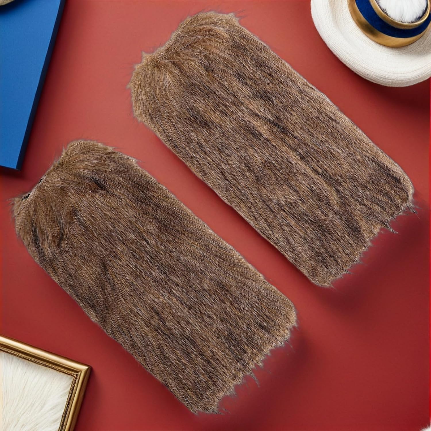 LOGOFUN 2Pairs Viking Faux Fur Leg Warmers Medieval Boot Covers Soft Fuzzy Sleeve Costume Accessories for Halloween Party Winter Cosplay Supplies - 40cm