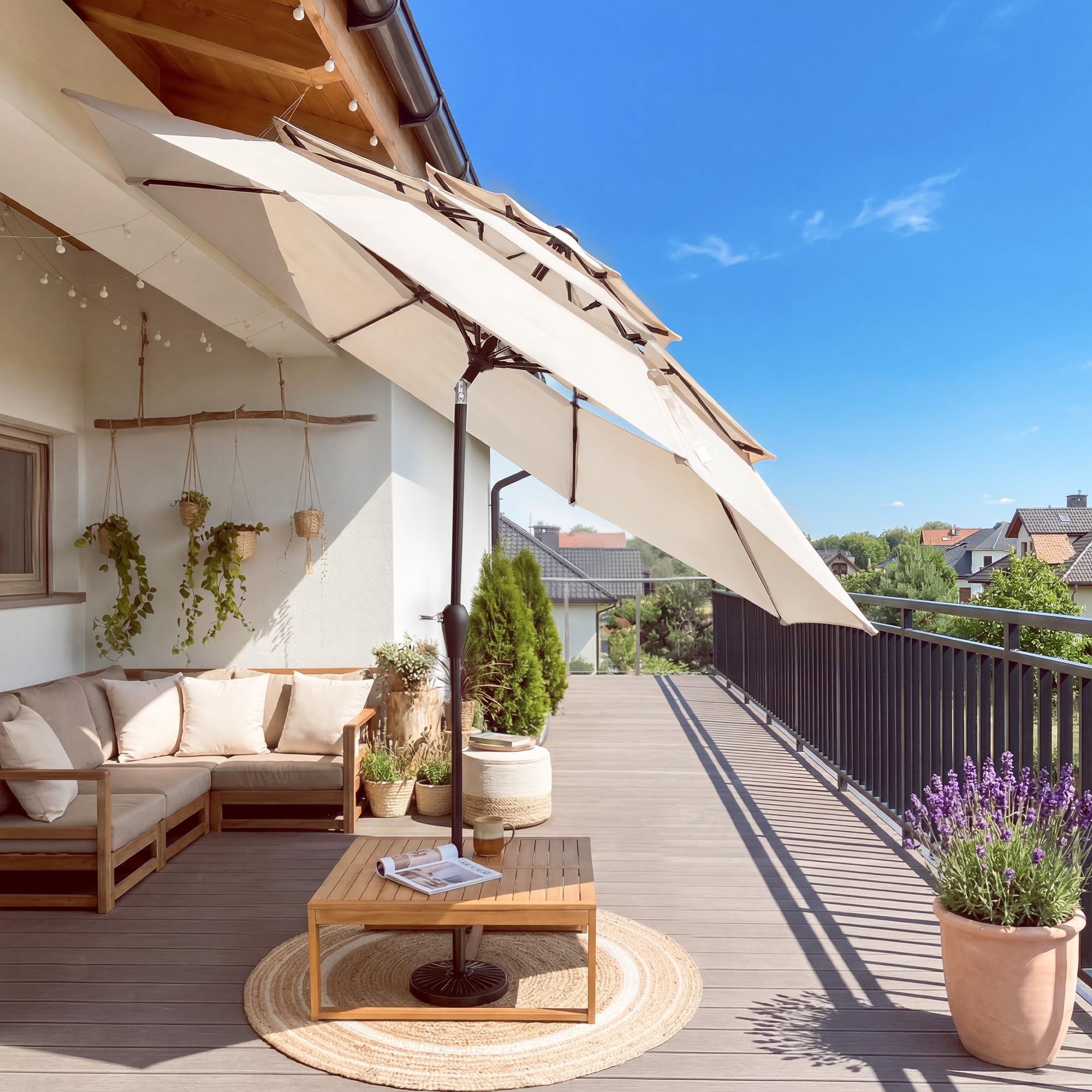 LUE BONA Sombrilla de Terraza, Sombrilla de Jardín de 300 cm, Toldo Ventilado de Tres Capas, Ángulo Ajustable, 8 Varillas y Manivela, Diseño Resistente al Viento