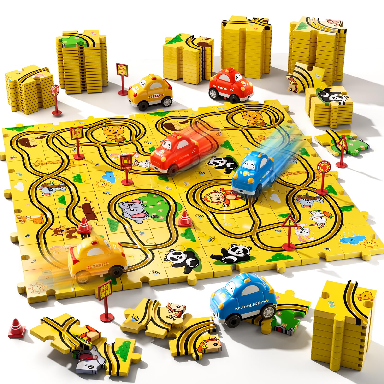 Bennol 73 PCS Puzzle Tracks Car Toys Gifts for 3 4 5 Year Old Boys Kids, Puzzle Racer Car Track Set Toys for Kids Ages 3-5 4-6, Toys Gifts for 3 4 5 Year Old Boys, Puzzle Racer Kids Car Track Set