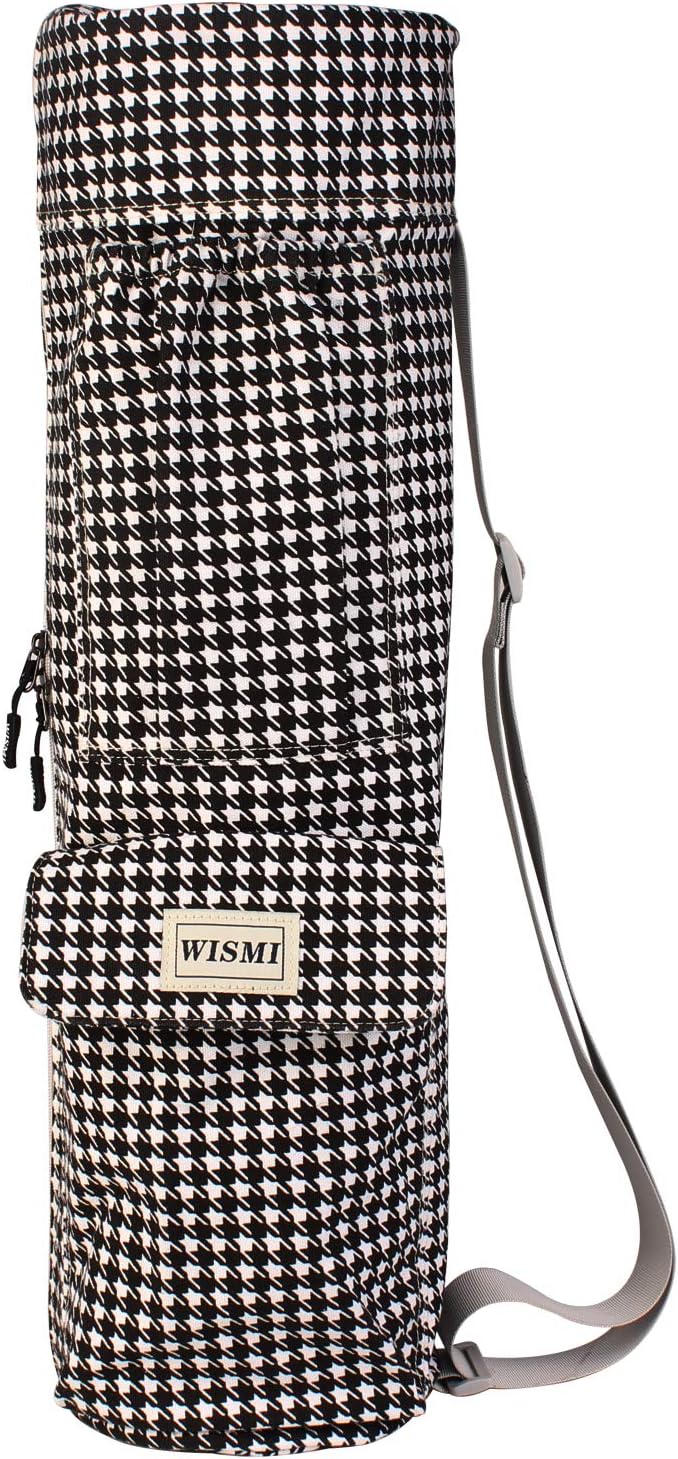 wismi Yoga mat Carrier Bag Patterned Canvas with Pocket and Full-Zip (Black Houndstooth)