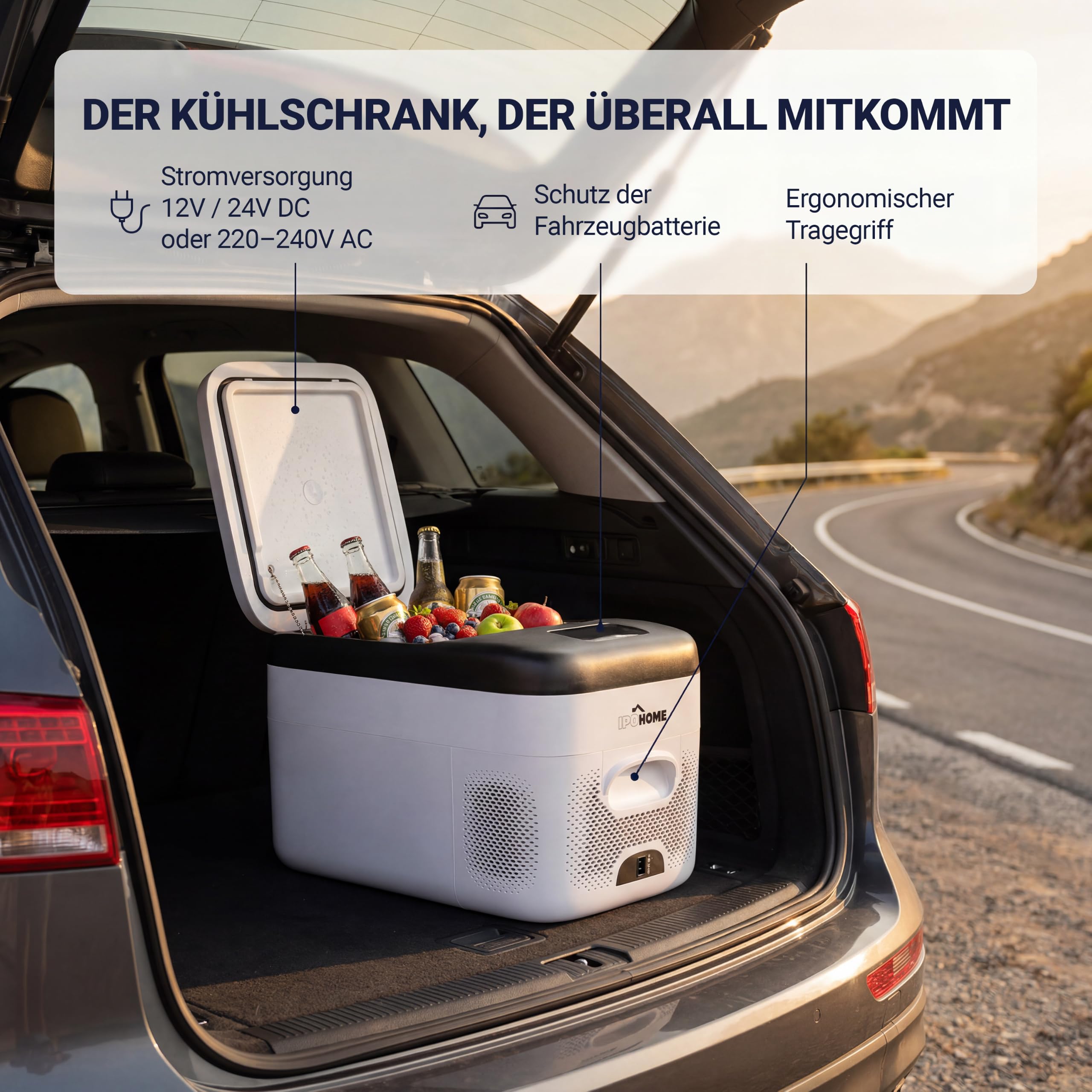 IPOTOOLS Kompressor Kühlbox EB25 – 21L Auto Kühlschrank elektrisch 12v 230v mit anpassbarer Kühlung bis -20°C und Bluetooth Steuerung ideal für Camping, Auto, Lkw, Boot, Reisemobil