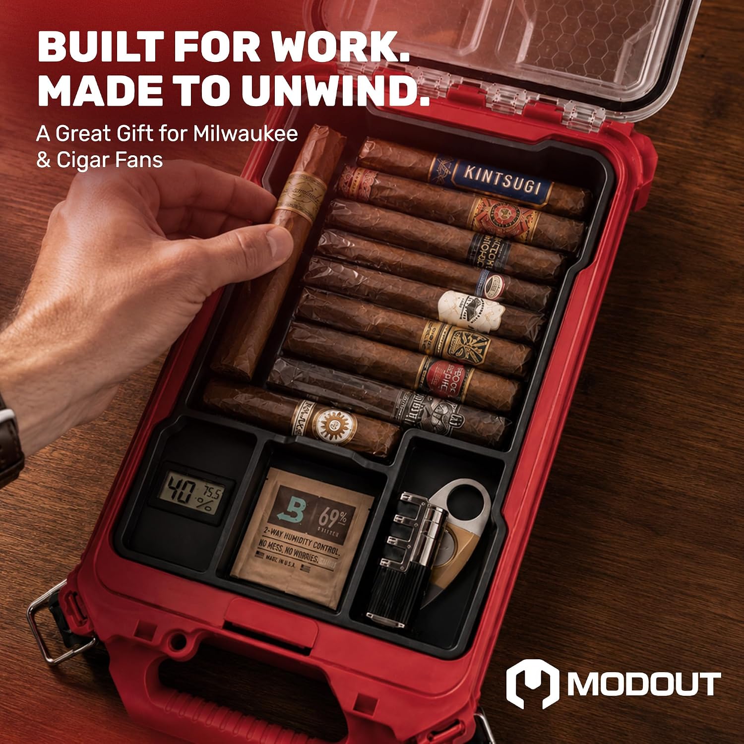Cigar Humidor Insert with Hygrometer for Milwaukee Packout - Fits Low Profile Compact Organizer 48-22-8436 - Travel Cigar Case & Humidor Cigar Box Accessory (Insert Only) - Made in USA