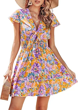 PRETTYGARDEN Women Summer Mini Short Dress 2025 Short Sleeve Casual Beach Vacation Sundress V Neck Tiered Sun Dresses