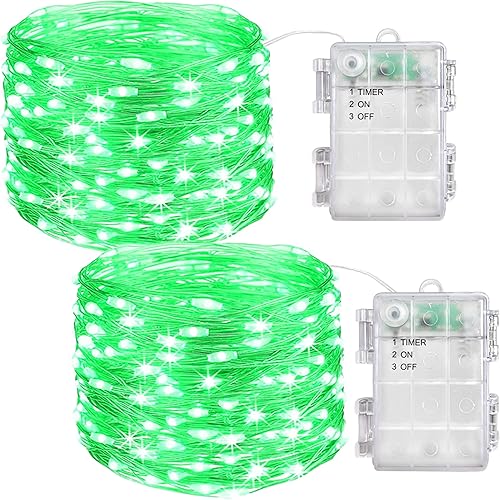 PONYOTOP Guirnalda de luces verdes de batería de 100 luces LED de hadas para exteriores, impermeables, para fiestas del día de San Patricio,