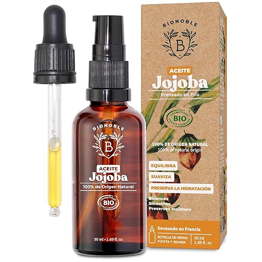 Bionoble Aceite de Jojoba Orgánico 50ml - 100% Puro, Natural y Prensado en Frío - Rostro, Cuerpo, Cabello, Barba, Uñas - Vegano y Cruelty Free - Jojoba Oil - Botella de Vidrio + Pipeta + Bomba