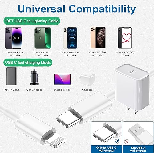 Miniatura 6 de Cargador rápido para iPhone de 10 pies, paquete de 3 unidades extra largo [certificado Apple MFi] cargador USB C para iPhone de carga rápida de 10
