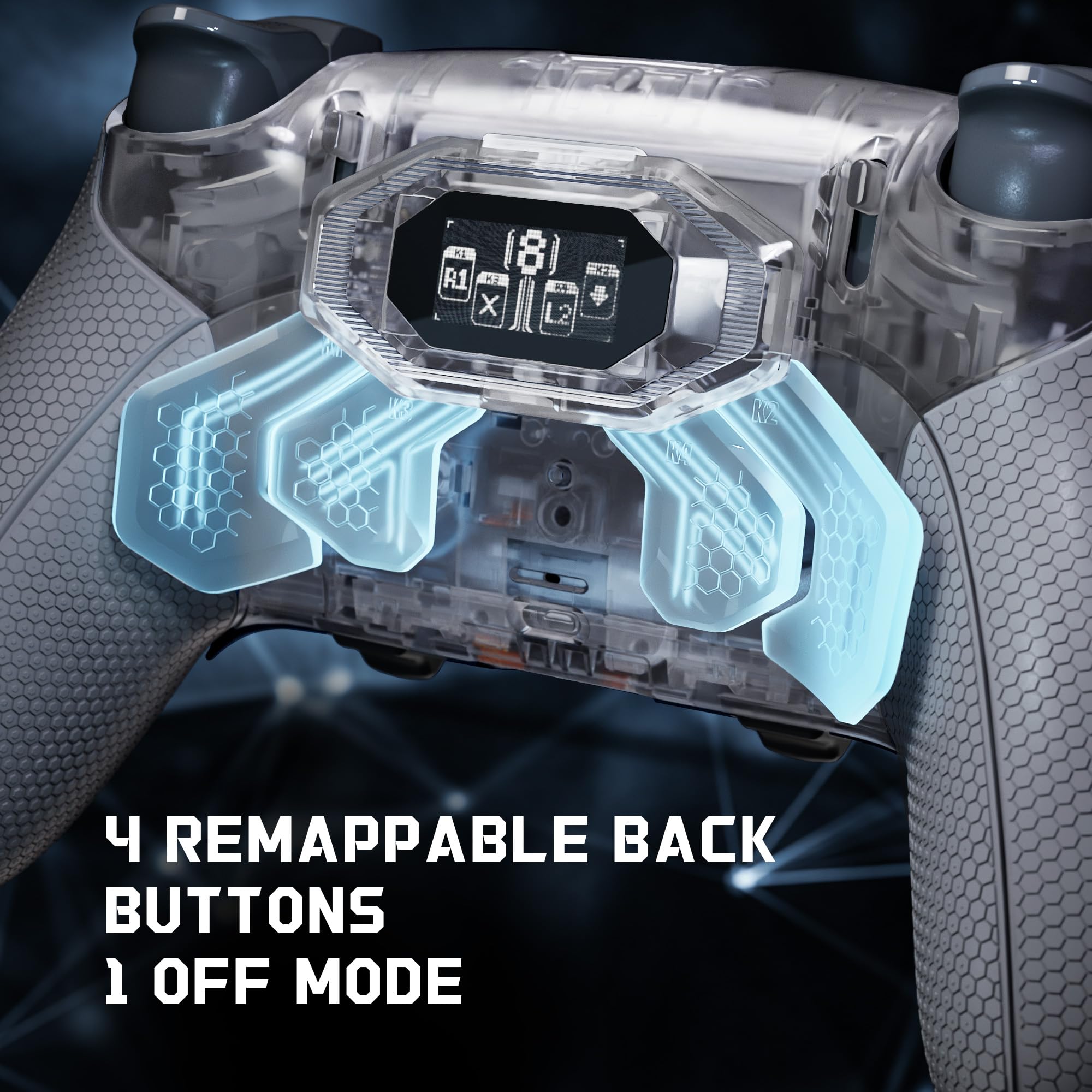 eXtremeRate Beyond Kit de Carcasa con Paletas Traseras para ps5 Edge Mando, Pantalla OLED, Empuñaduras Ergonómicas Antideslizantes, 4 Botones Traseros Reprogramables（Transparente & Gris）