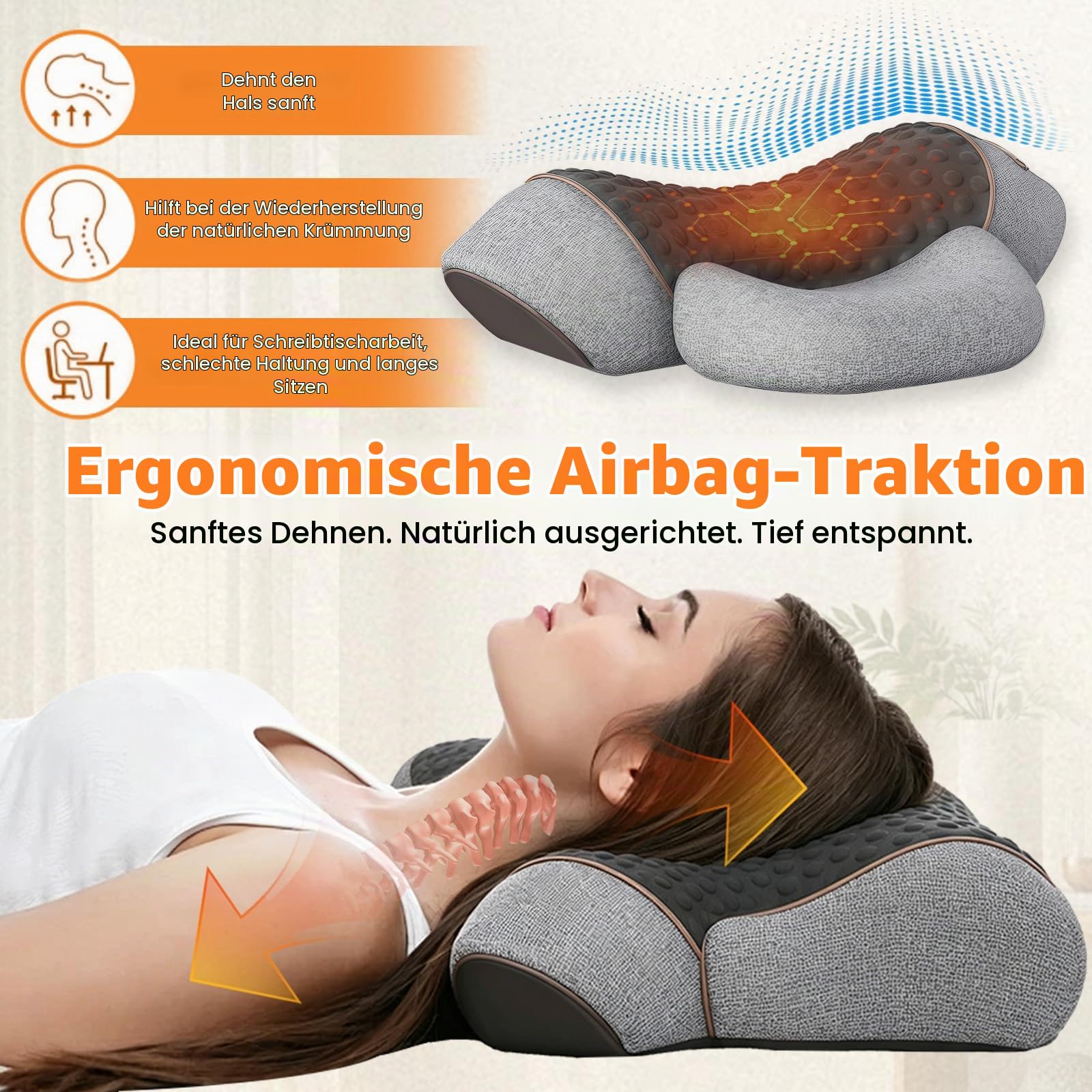 Nackenmassagegerät Elektrisch mit Wärme,3-in-1 Entspannungskissen für Nacken mit Wärme/Vibration/Lendenwirbelstütz, kabelloses Nacken traktionsgerät zur Linderung von Nackenschmerzen