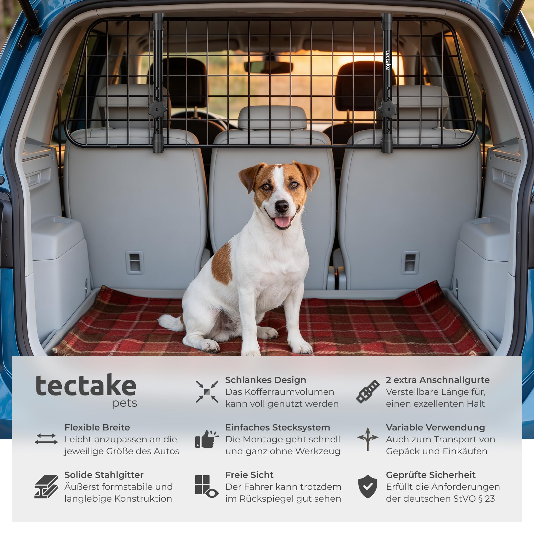 tectake® Hundegitter Auto, universal Hundeschutzgitter mit Variabler Breite, mobiler Kofferraumschutz, Gitter Trenner Absperrung, Zubehör für Auto Reise mit Hund, Hundeabsperrgitter,