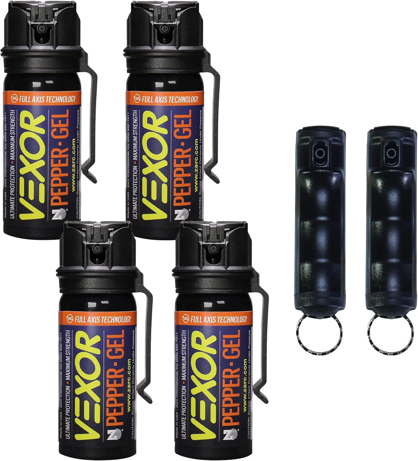 Vexor Pepper Protection Bundle - 4 Full Axis Gel with Belt Clip, 18 Ft. Range + 2 Pack Police Strength Flip-Top Spray, 20+ Shots, 10-12 Ft. Range