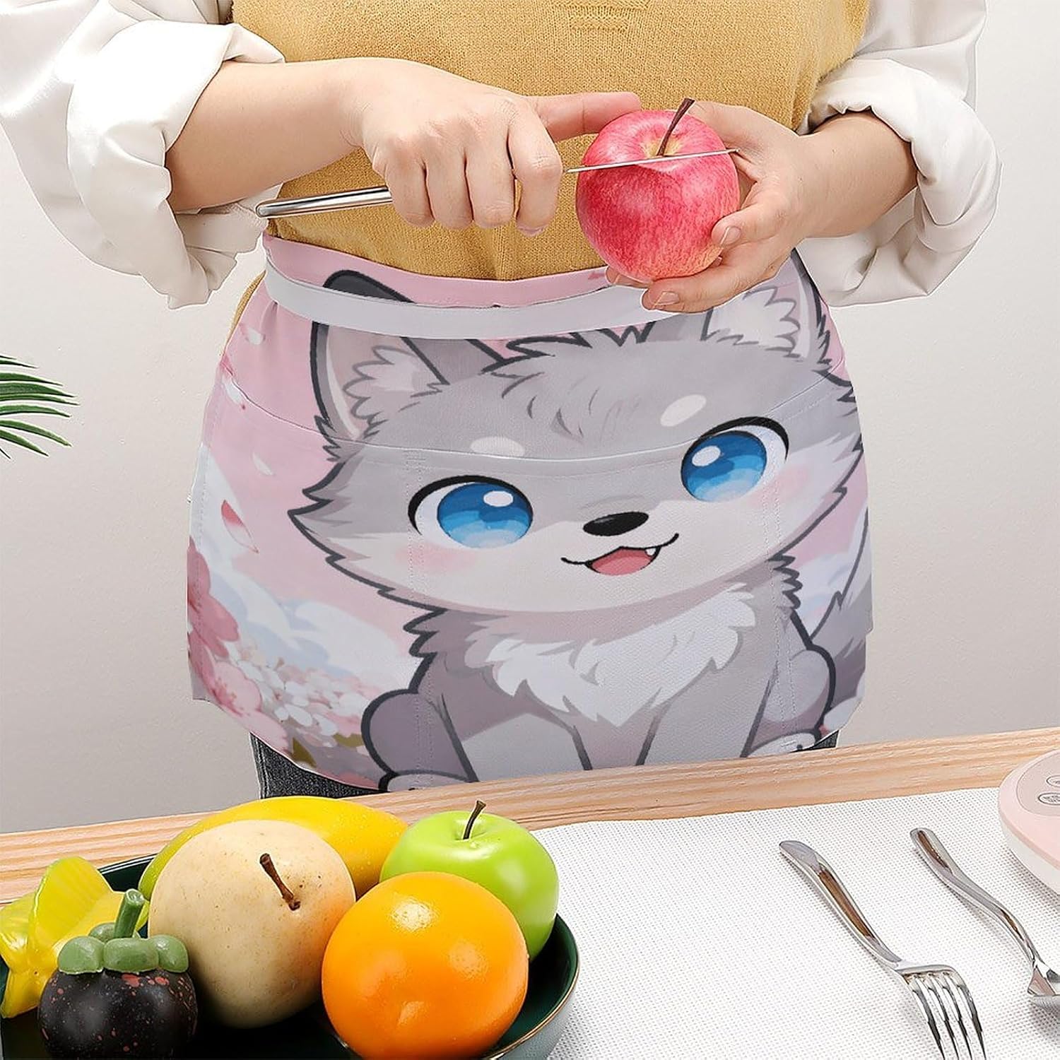 Kawaii Wolves Flower Apron Waterproof Chef Works Half Bistro Server Apron Adjustable Waist Half Apron With Pockets for Men Women Soft Cooking Apron