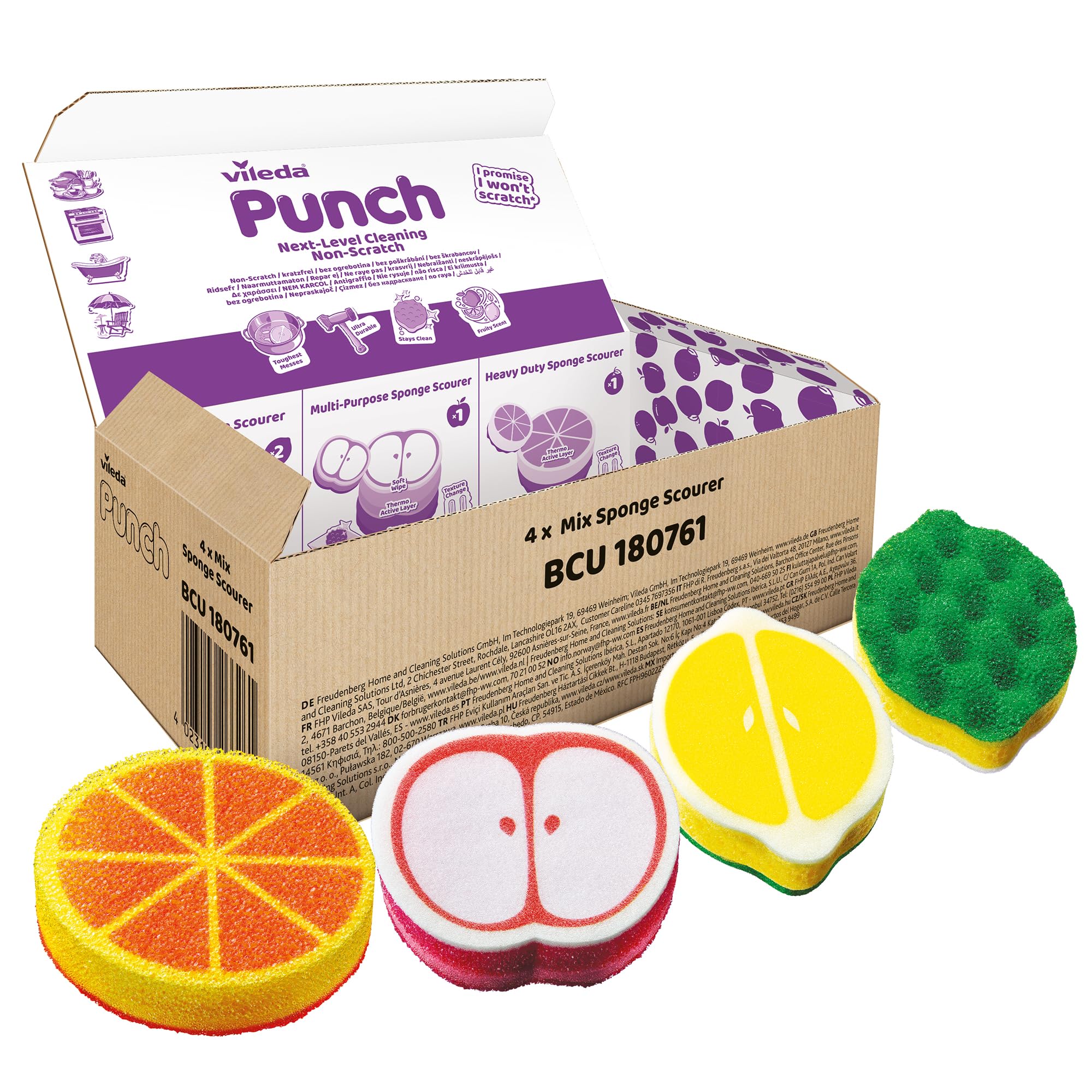 Vileda Punch Fruit‑Shaped Sponge Scourers – 4 Pack | Lemon, Orange & Apple Cleaning Sponges | Scented When Squeezed | Flexible, Heavy Duty & Everyday Scrubbers for Kitchen & Dishes | Dishwasher Safe
