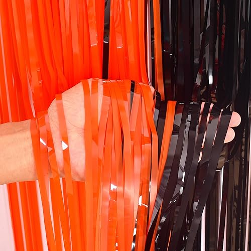Miniatura 5 de BRAVESHINE Cortinas de fondo de fotos de oropel  2 unidades de 3.2 x 8.2 pies de cortina de flecos de aluminio negro naranja para cumpleaños,