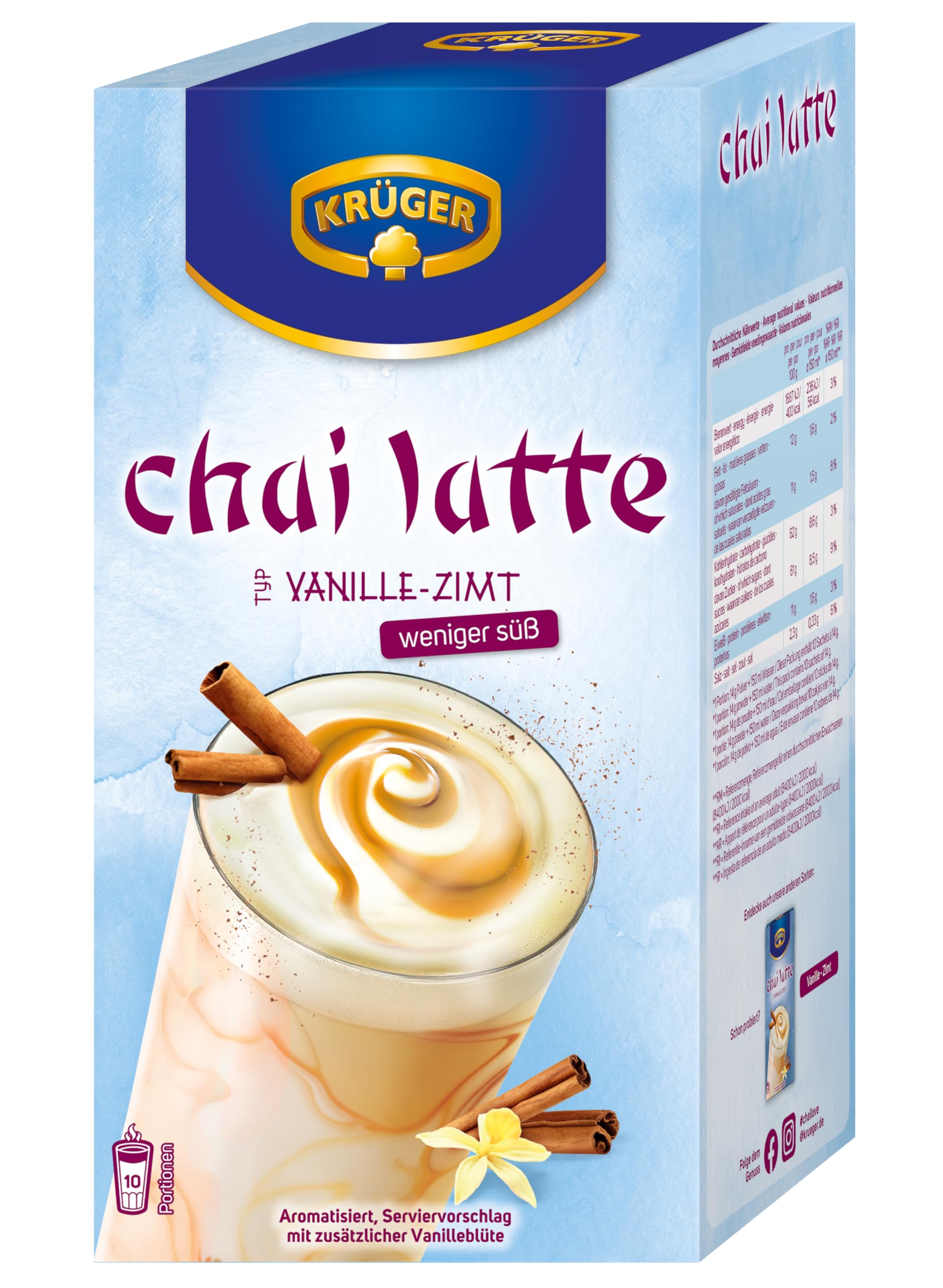KRÜGER YOU chai latte Vanille-Zimt weniger süß, Instant-Pulver für Teegetränke, aromatisiert mit Vanille-Zimt-Geschmack mit weniger Zucker, 140 g (10 x 14 g Sachets)
