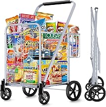 Shopping Cart, Jumbo Double Basket Grocery Cart 350 lbs Capacity Folding Shopping Cart with 360° Rolling Swivel Wheels Super Loading Utility Shopping Cart for Laundry, Shopping, Grocery, Luggage