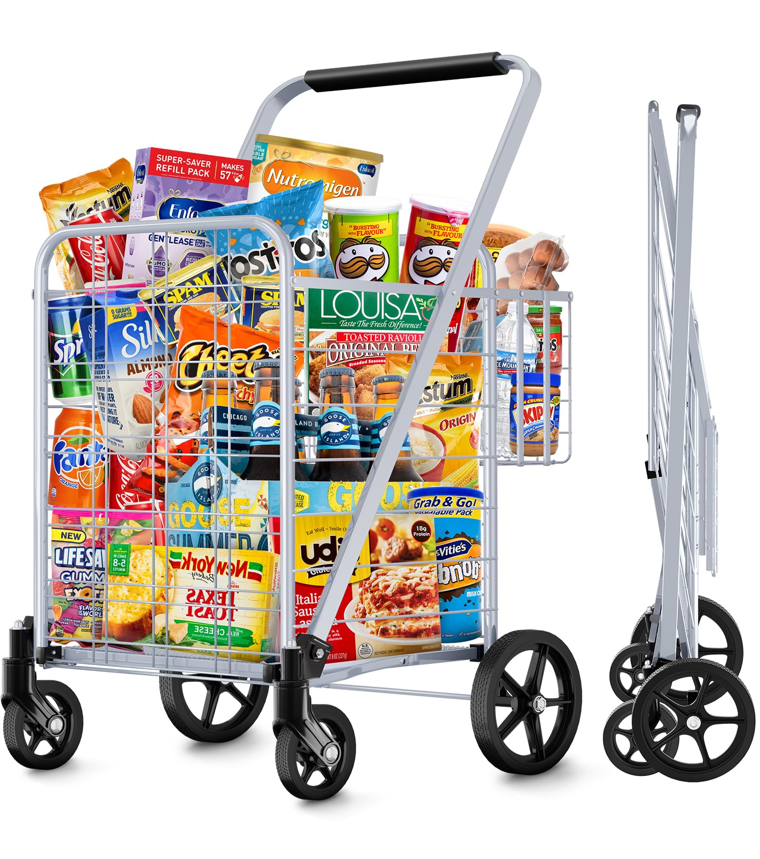 Shopping Cart, Jumbo Double Basket Grocery Cart 330 lbs Capacity Folding Shopping Cart with 360° Rolling Swivel Wheels Super Loading Utility Shopping Cart for Laundry, Shopping, Grocery, Luggage