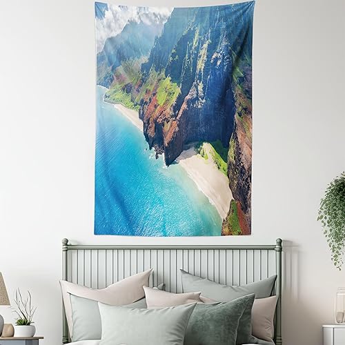 Miniatura 5 de Ambesonne Tapiz hawaiano, Costa Na Pali en la isla de Kauai en Hawái, día soleado, horizonte de montaña, colgante de pared para dormitorio, sala