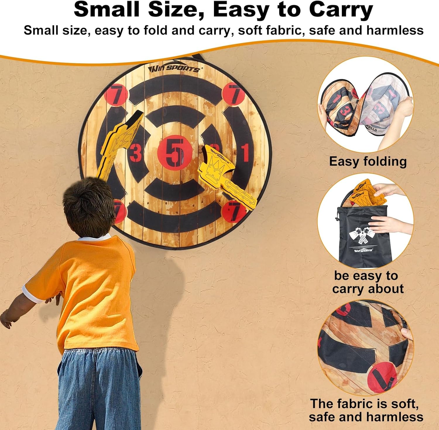 WIn SPORTS Toy Foam Axe Throwing Game - Indoor Outdoor Target Game,Includes Two Foam Axes, One 26” Easy Fold Target and A Carry Bag