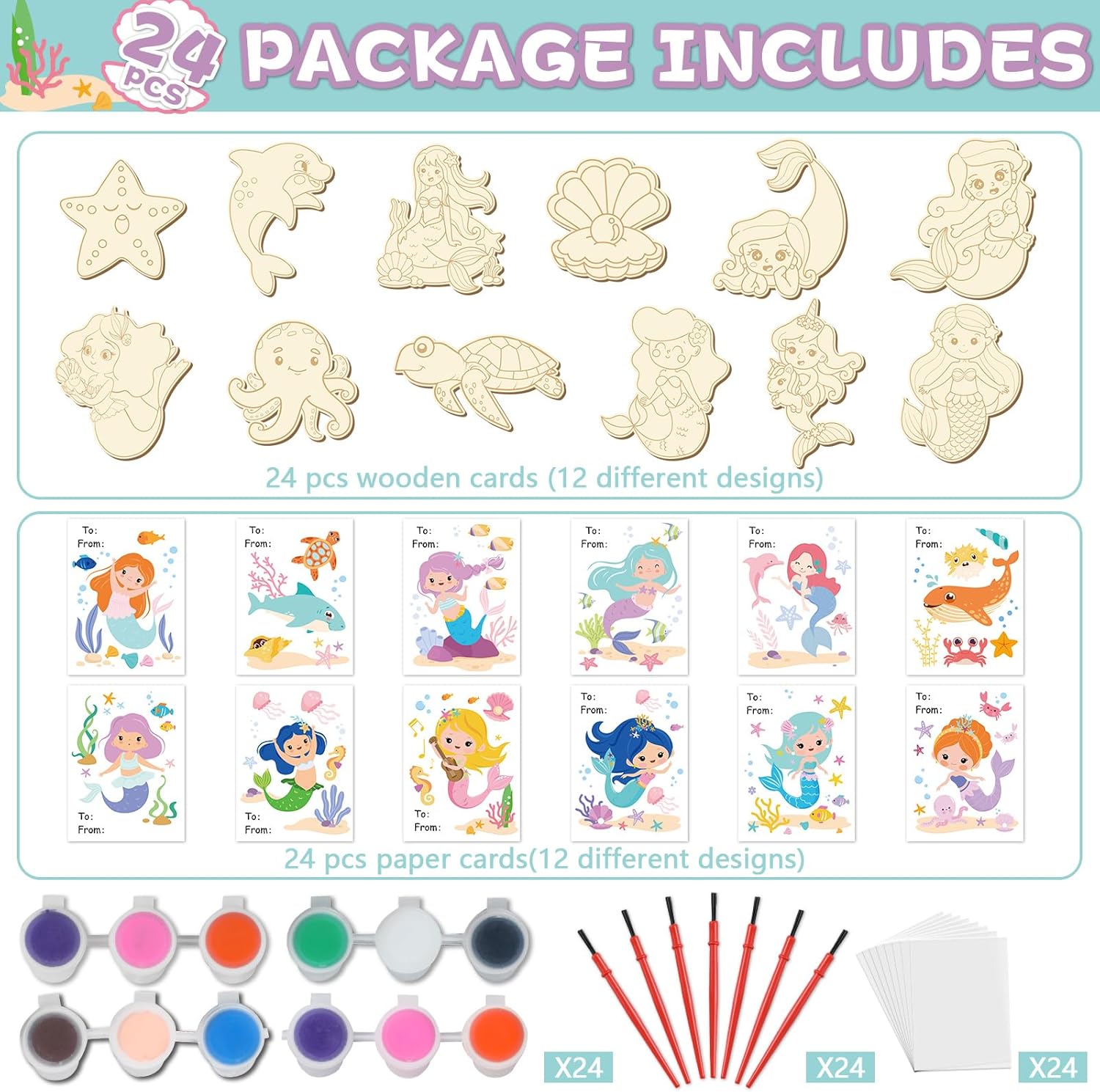 Yiaoyinnz 36Pcs Mermaid Party Favors Mermaid Cards with Art Supplies Under The Sea DIY Wood Painting Craft Kits Ocean Animal Thank You for Coming Gifts for Birthday Gift Bulk