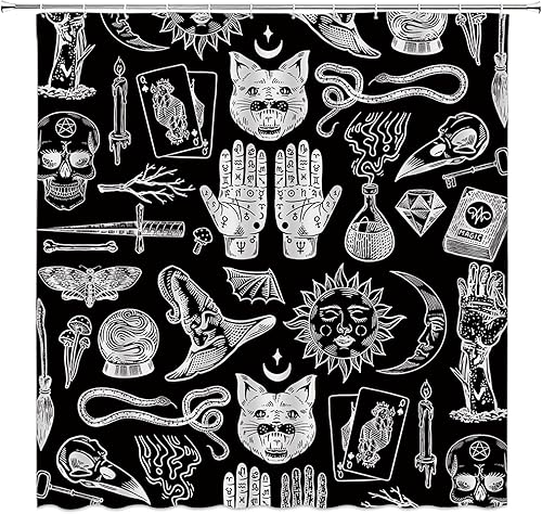 Cortina de ducha de bruja de Halloween, color negro, espeluznante, alquimia gótica, psíquica, espeluznante, calavera, esqueleto, tablero de Ouija, disponible en Yaxa Venezuela