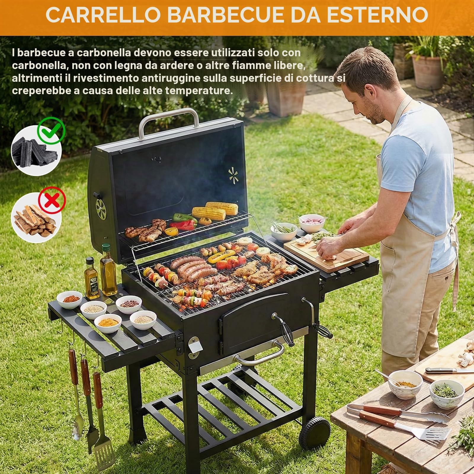 LIFERUN Barbecue Carbonella XXL con Coperchio, Griglia per Barbecue con Copertura Impermeabile, Ruote e Termometro, Altezza regolabile, Grande BBQ Smoke, per Campeggio, Giardino