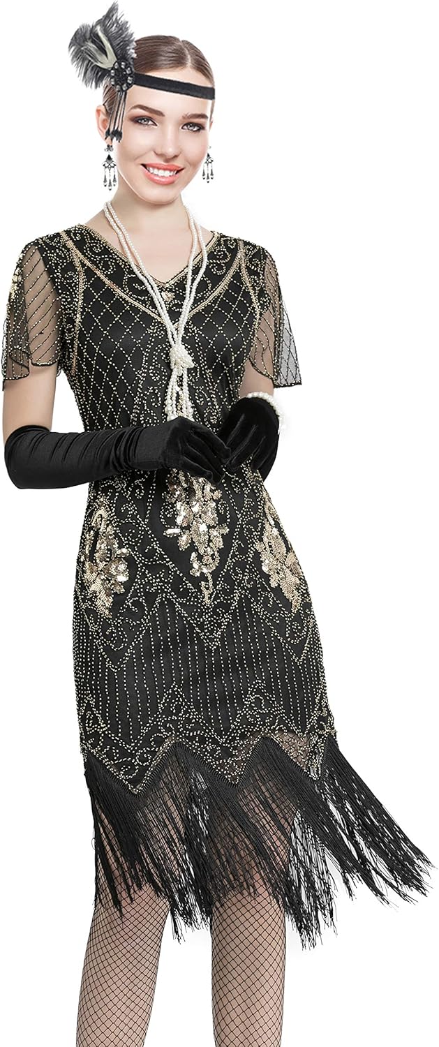 Women 1920s Gatsby Vintage Sequin Flapper Fringe Party Plus Dress with 20s Accessories Set
